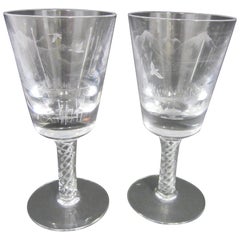 Pair of Raynes and Glasbey 45% Lead Crystal Engraved Goblets