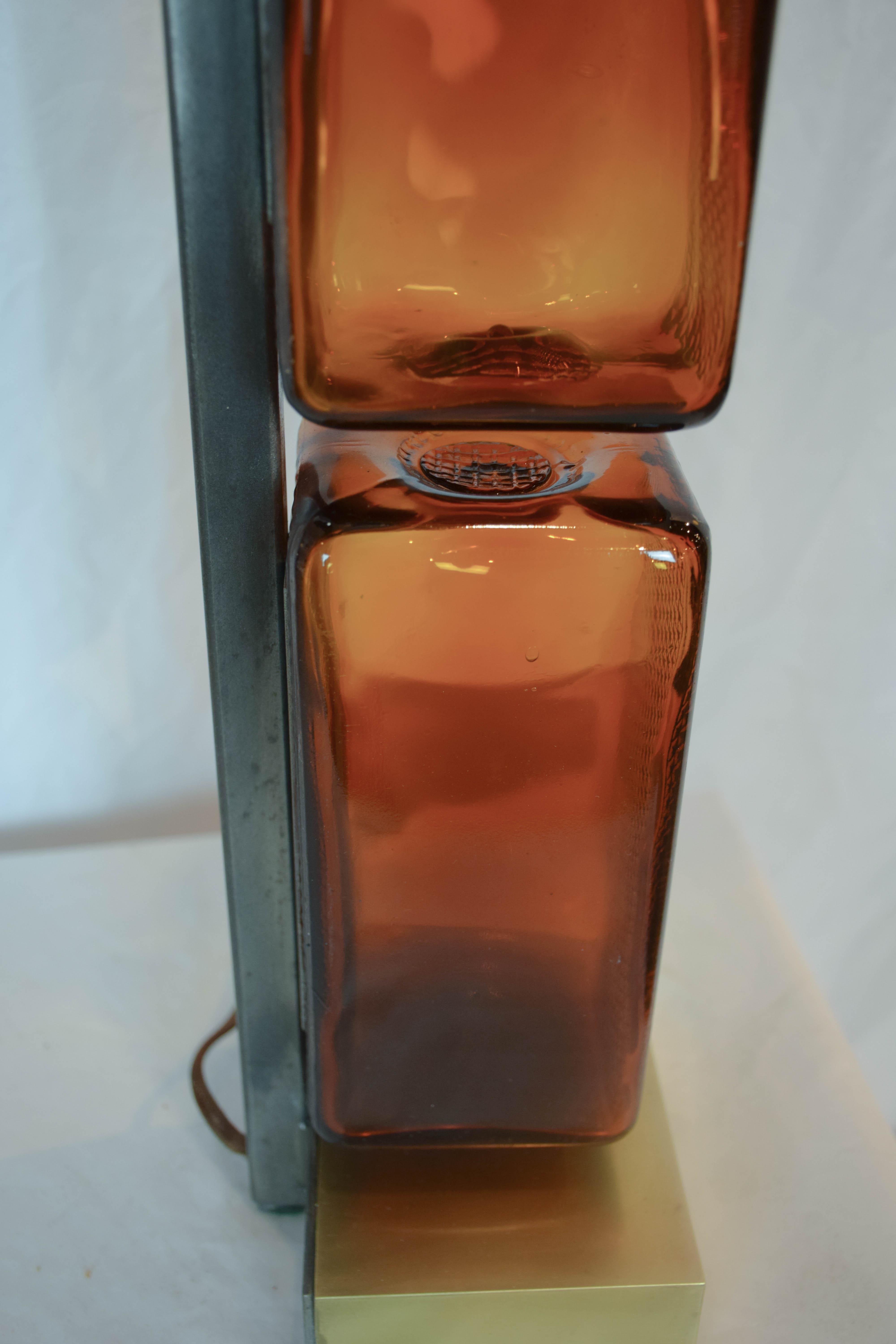 Pair of Reclaimed Amber Glass Block Table Lamps 3