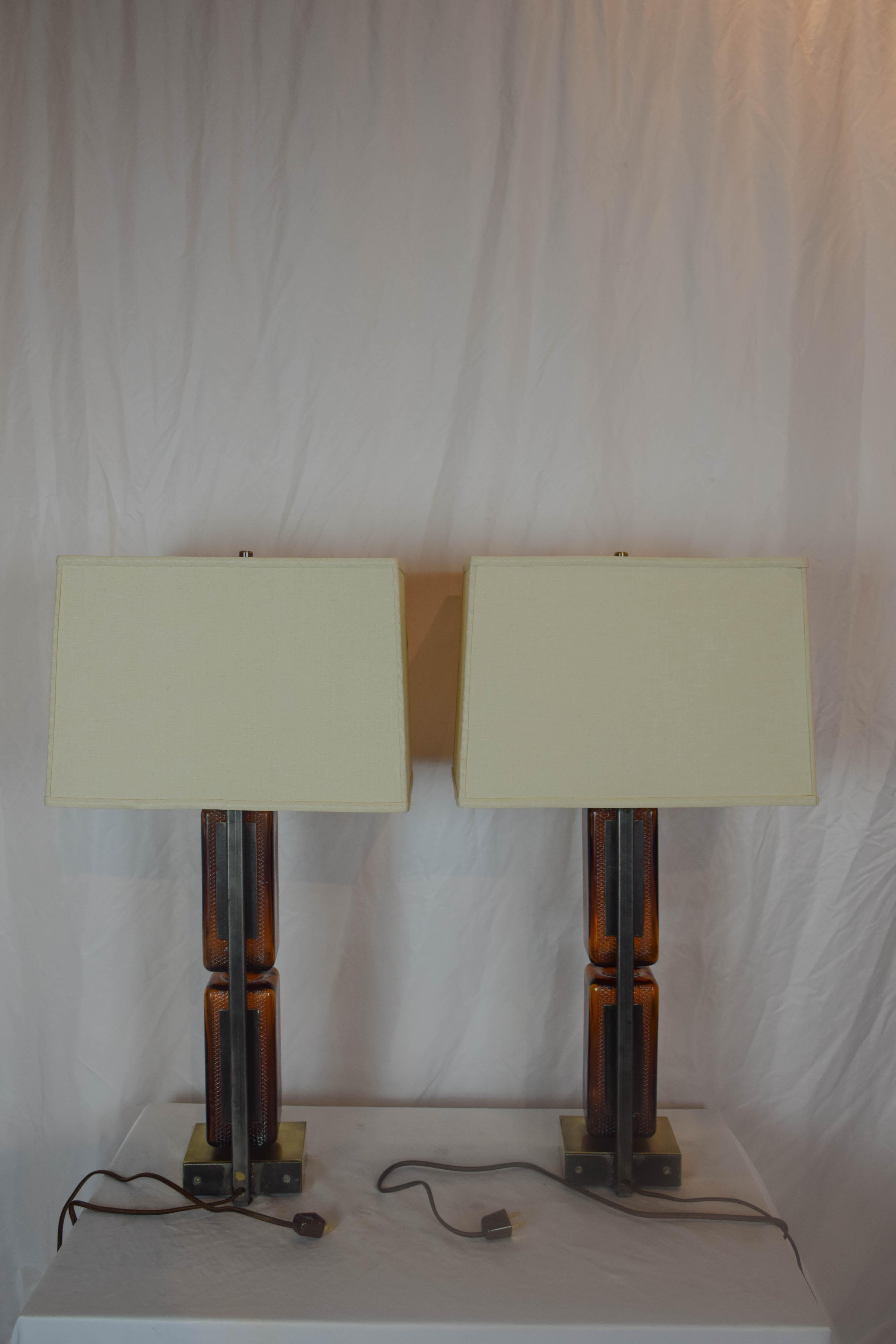 Pair of Reclaimed Amber Glass Block Table Lamps 4