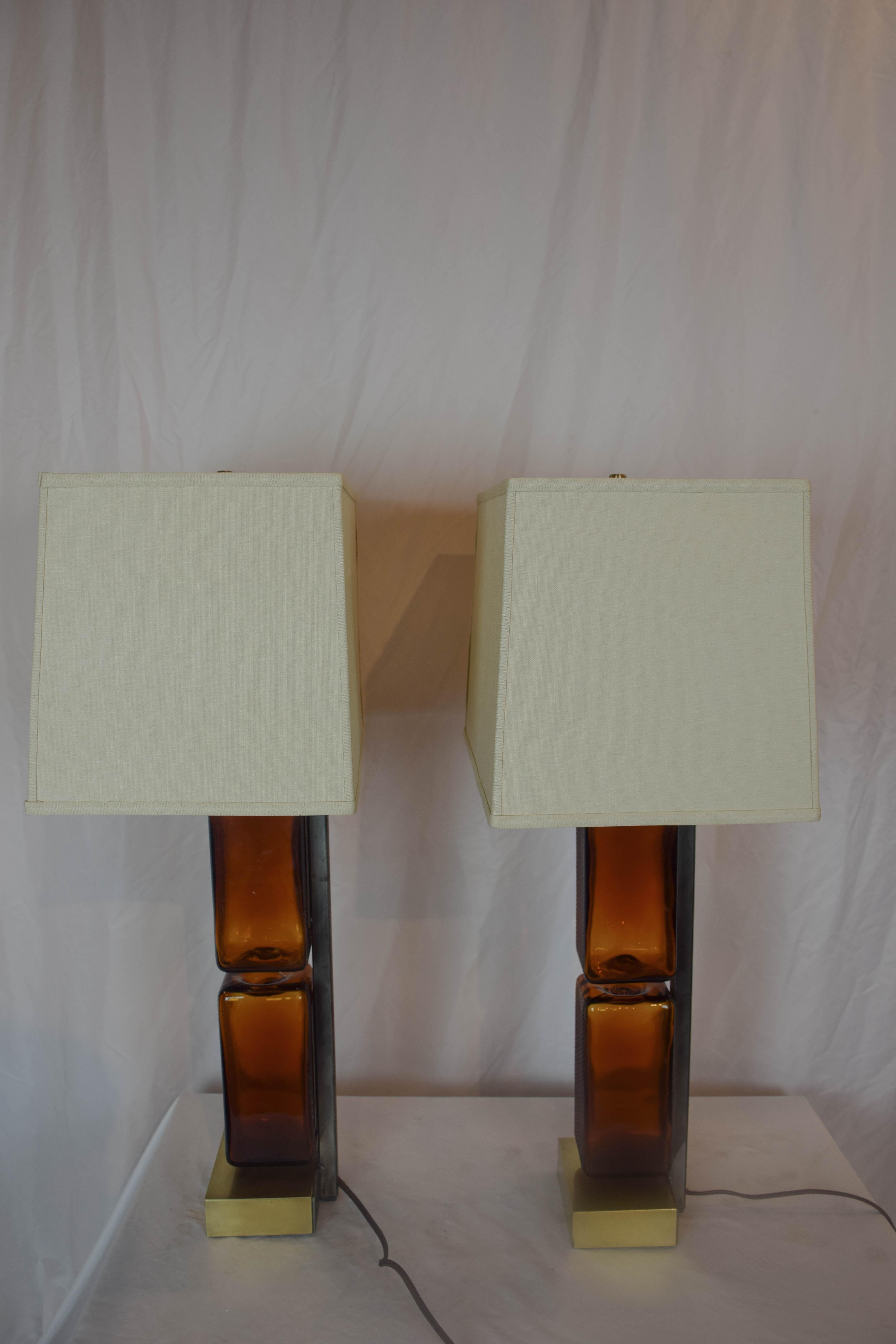Pair of Reclaimed Amber Glass Block Table Lamps 7
