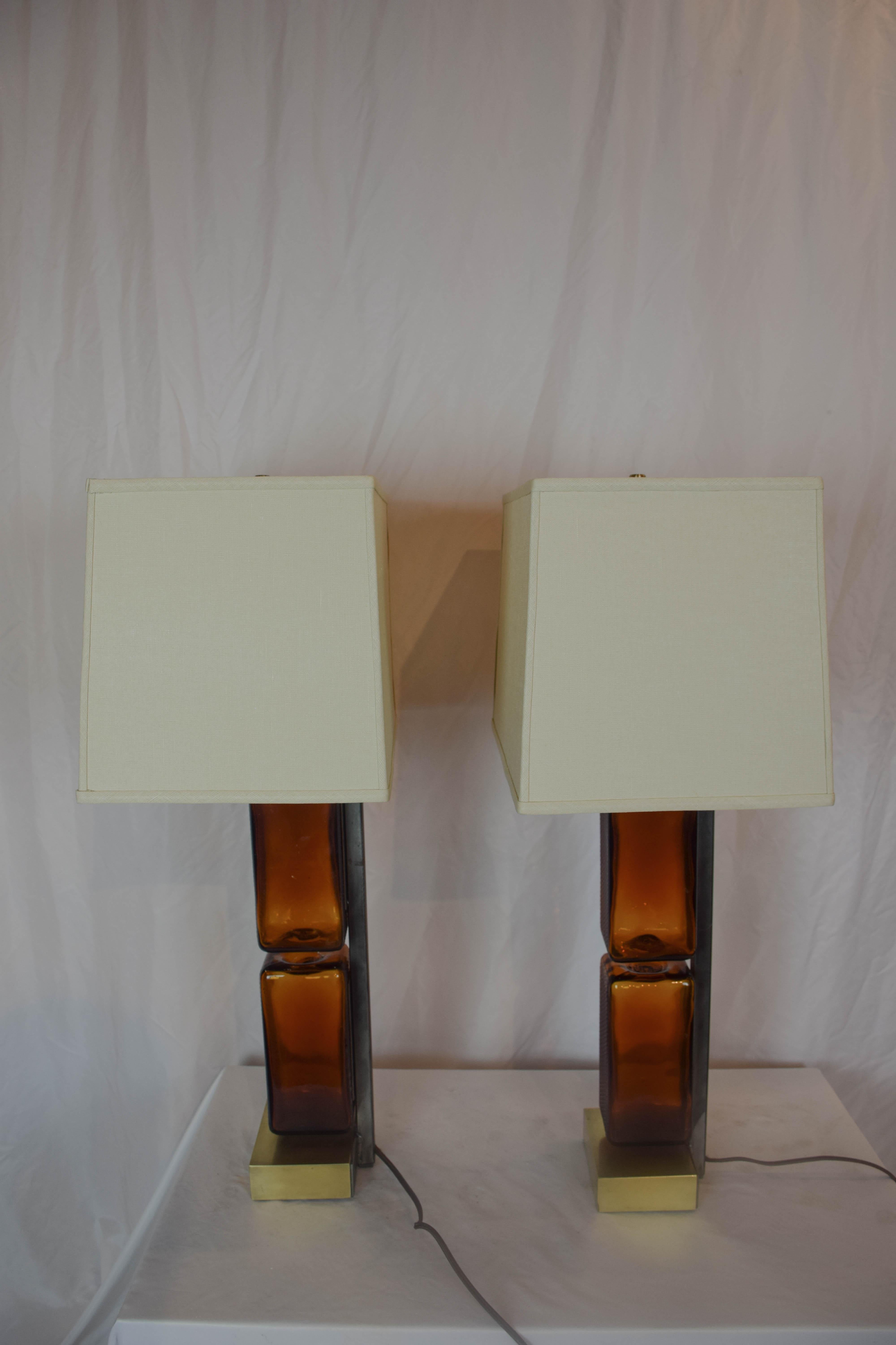 Pair of Reclaimed Amber Glass Block Table Lamps 8