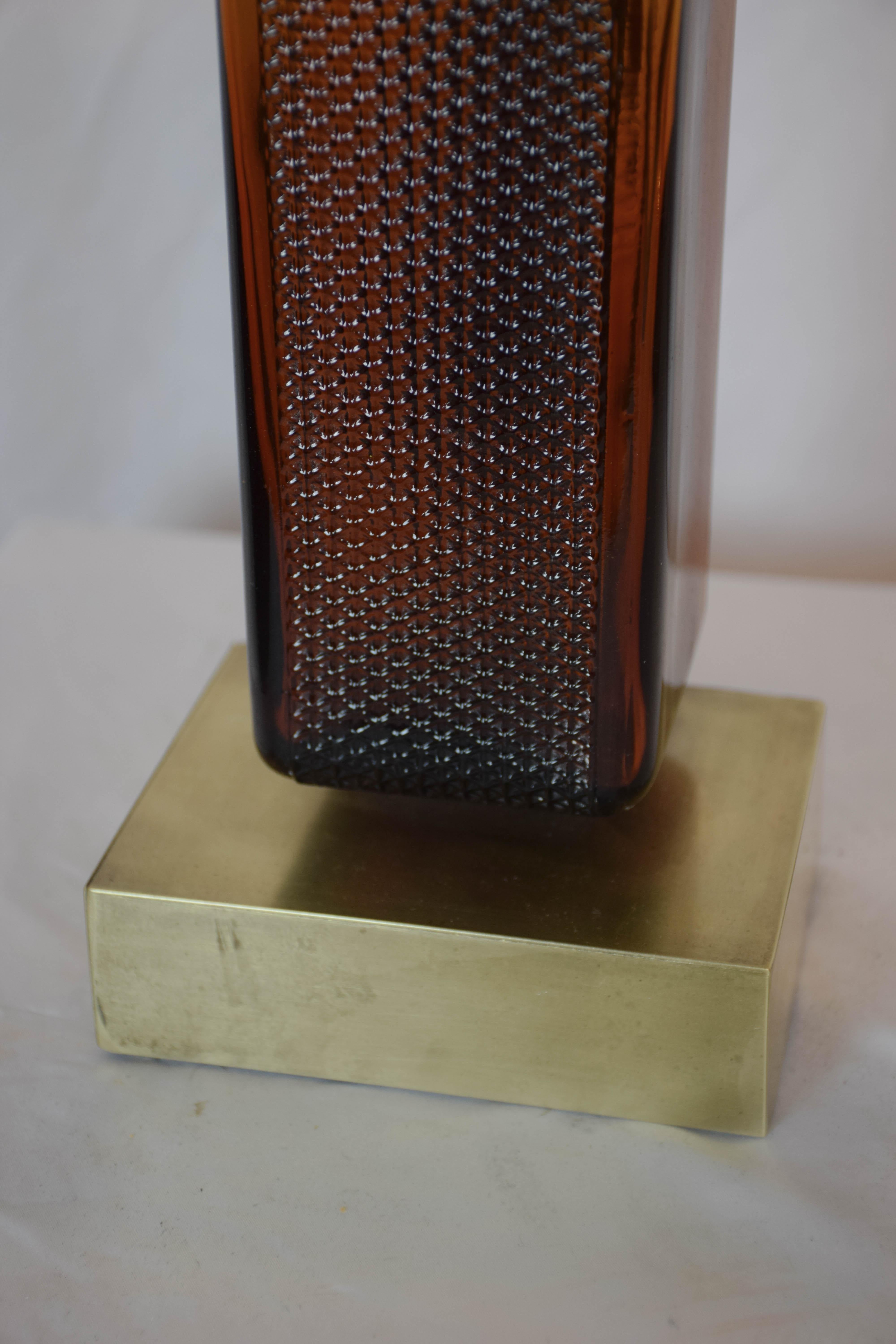 Mid-Century Modern Pair of Reclaimed Amber Glass Block Table Lamps