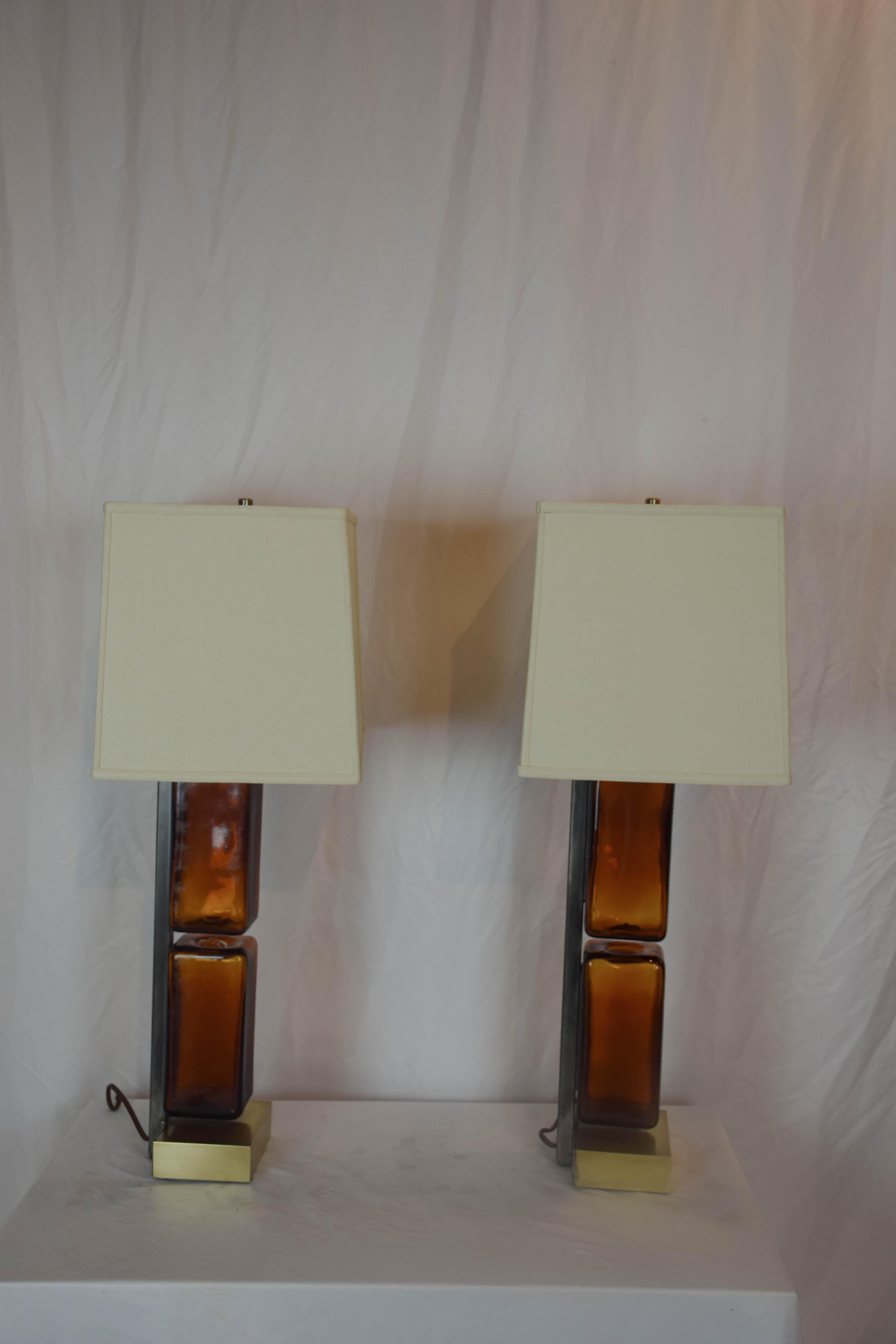 Contemporary Pair of Reclaimed Amber Glass Block Table Lamps