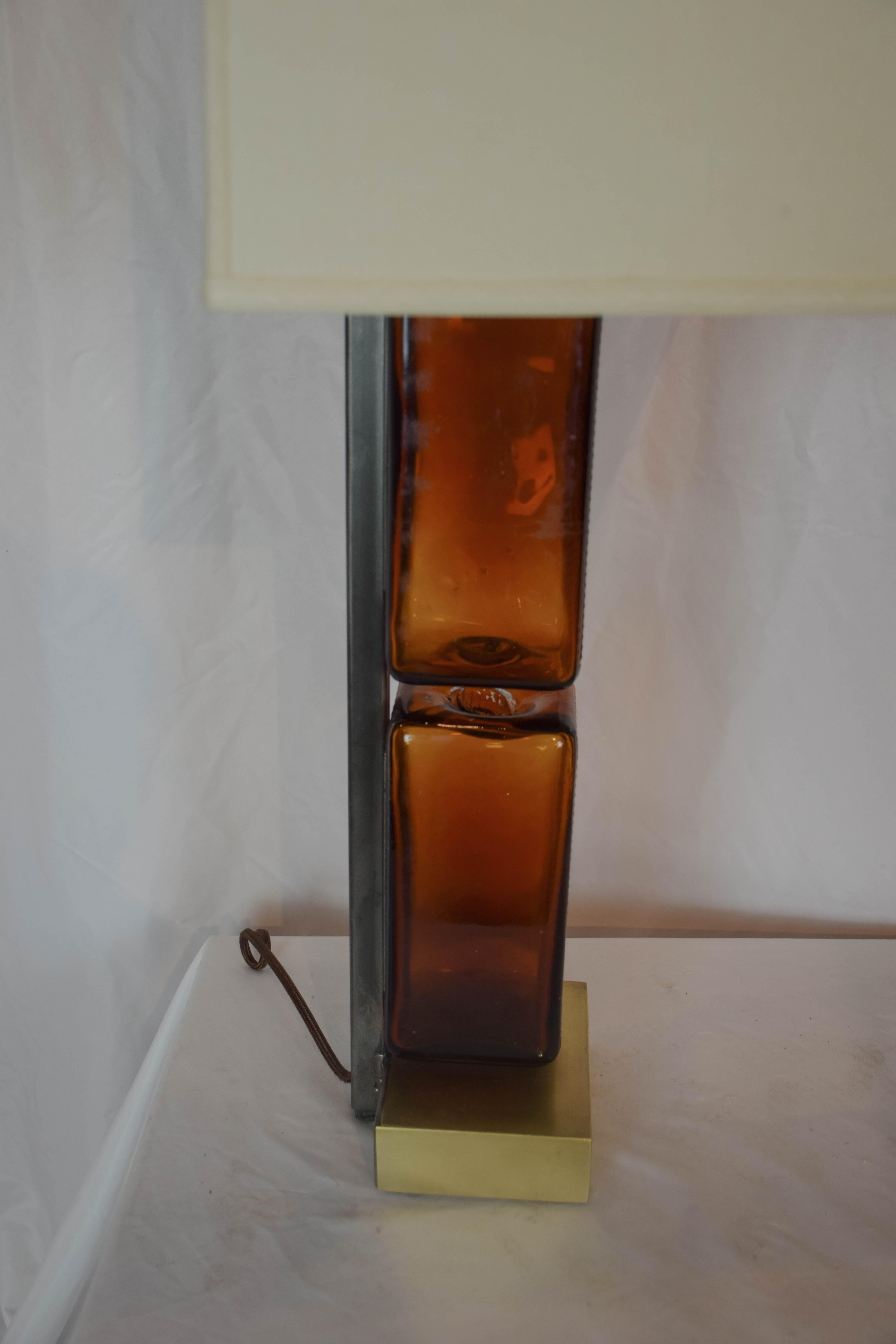 Brass Pair of Reclaimed Amber Glass Block Table Lamps