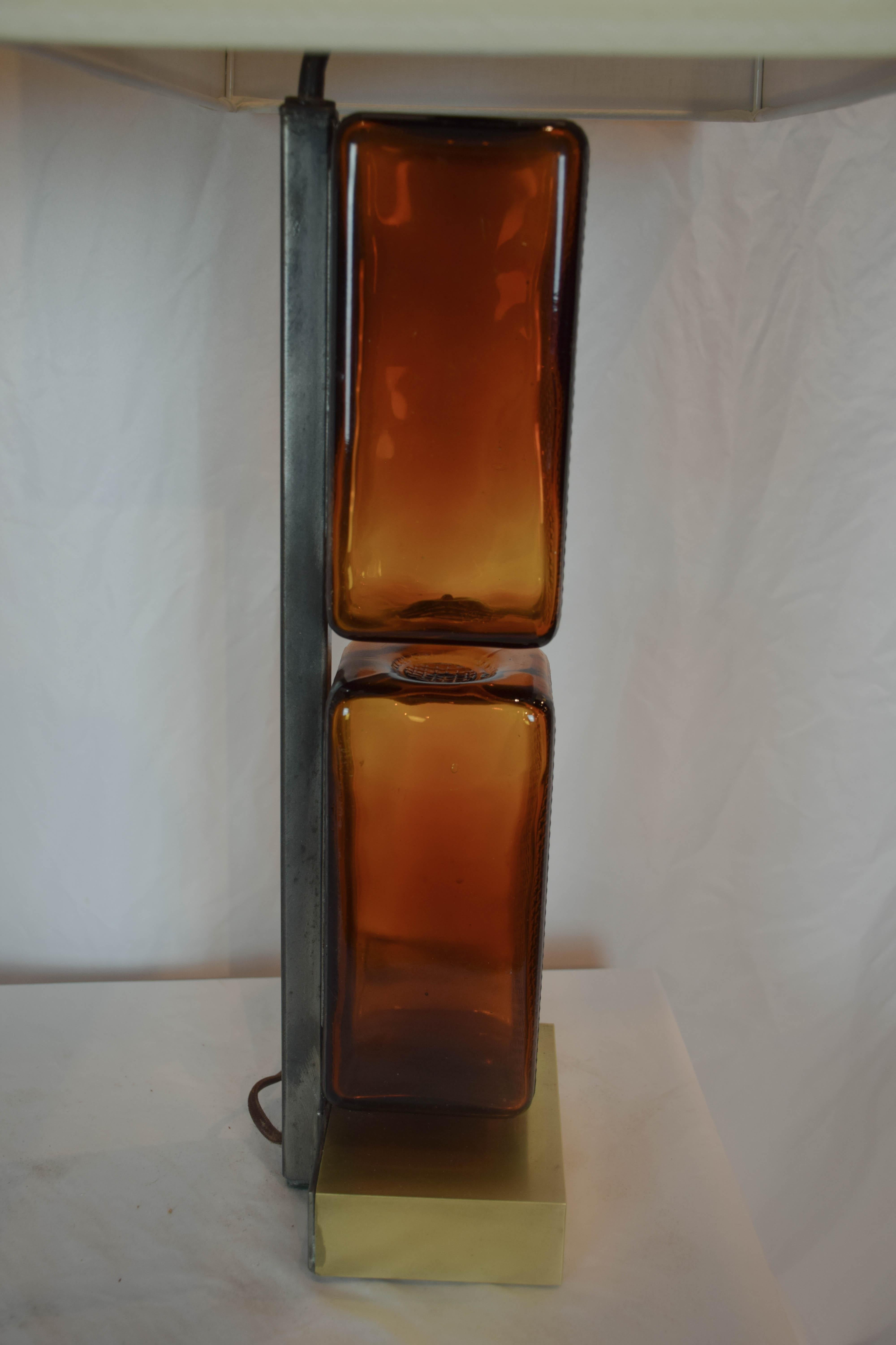 Pair of Reclaimed Amber Glass Block Table Lamps 1