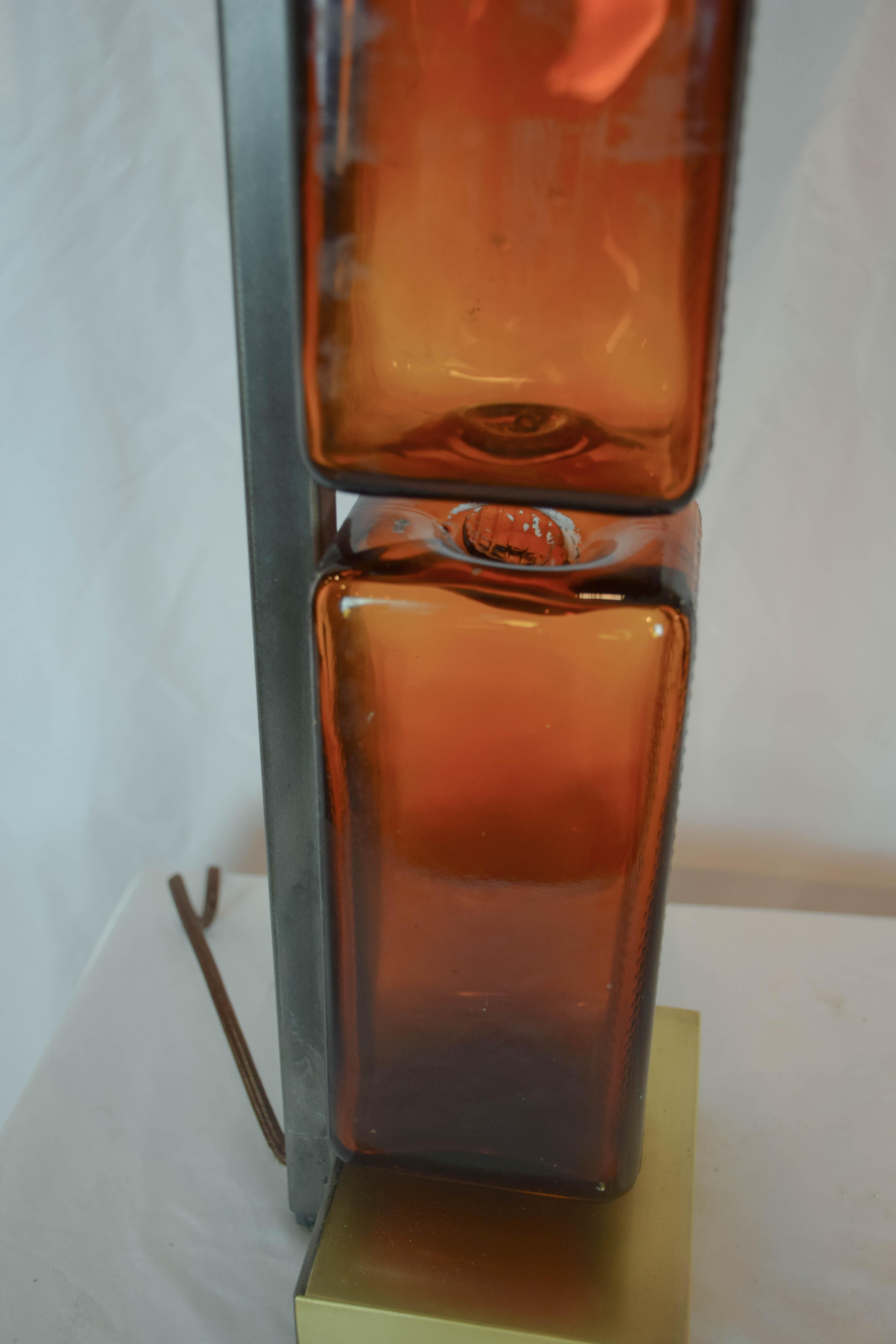 Pair of Reclaimed Amber Glass Block Table Lamps 2