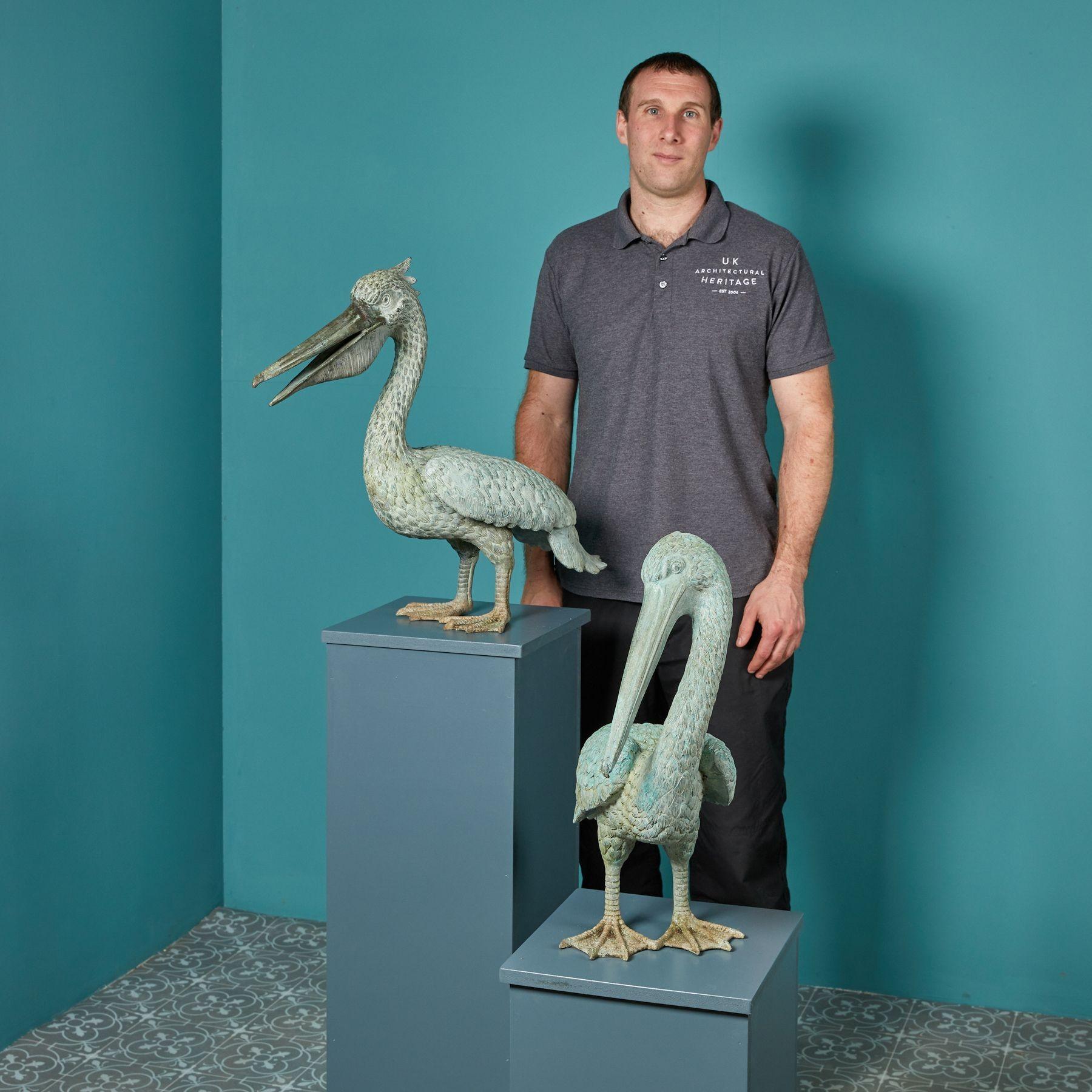 Zwei große Pelikan-Statuen aus Grünspan-Bronze aus dem späten 20. Jahrhundert. Jeder Pelikan hat seinen eigenen Charakter und sieht elegant aus, wenn er an einem Gartenteich oder als dekorative Skulptur im Haus aufgestellt wird.

Die grünlich-blau