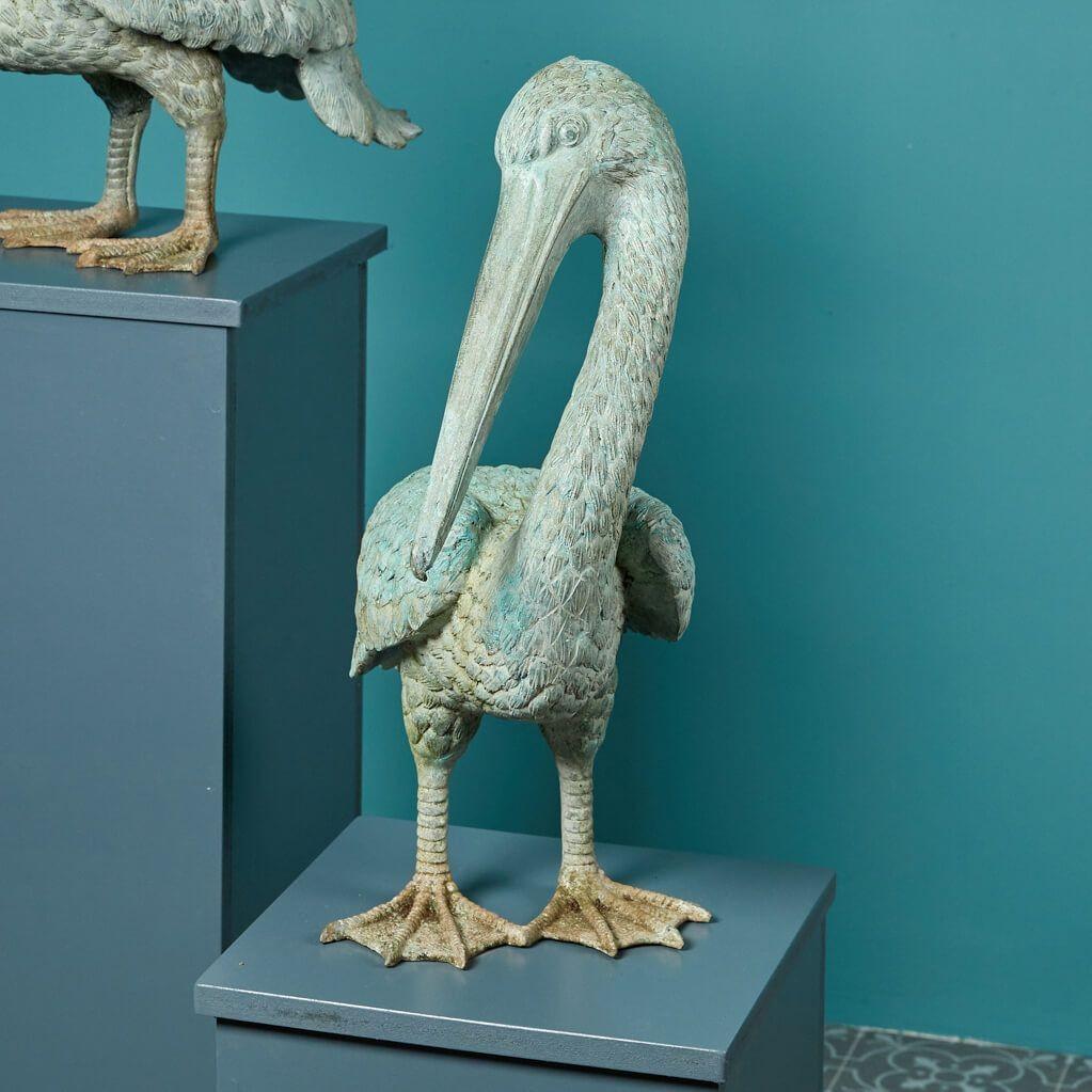 Mid-Century Modern Pair of Reclaimed Bronze Pelican Statues For Sale