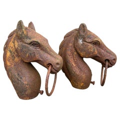 Pair of Reclaimed Cast Iron Horse Head Hitching Post Toppers - Garden Sculpture