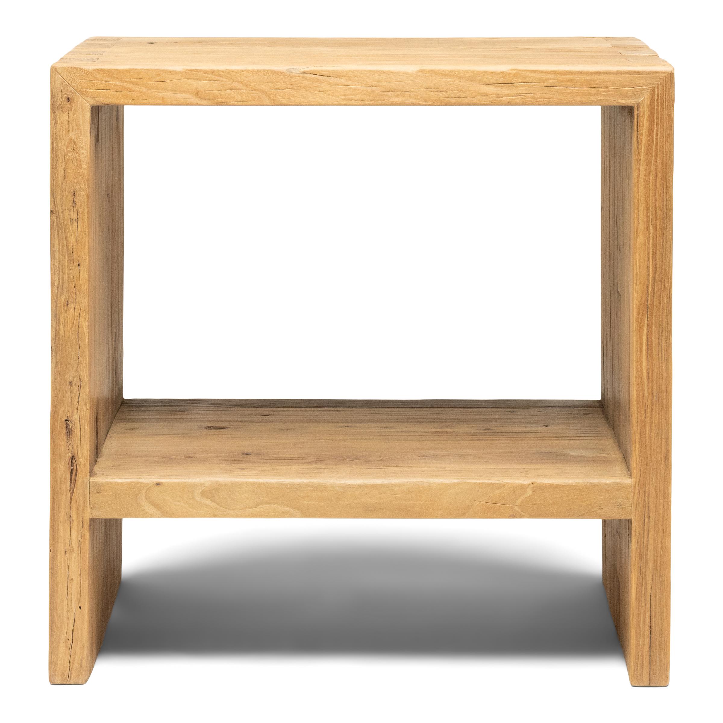 These artisan-crafted side tables are a celebration of wabi-sabi style. Crafted of thick elmwood timbers reclaimed from Qing-dynasty architecture, the tables have a minimalist waterfall design with straight sides, low shelves, and dovetailed corner