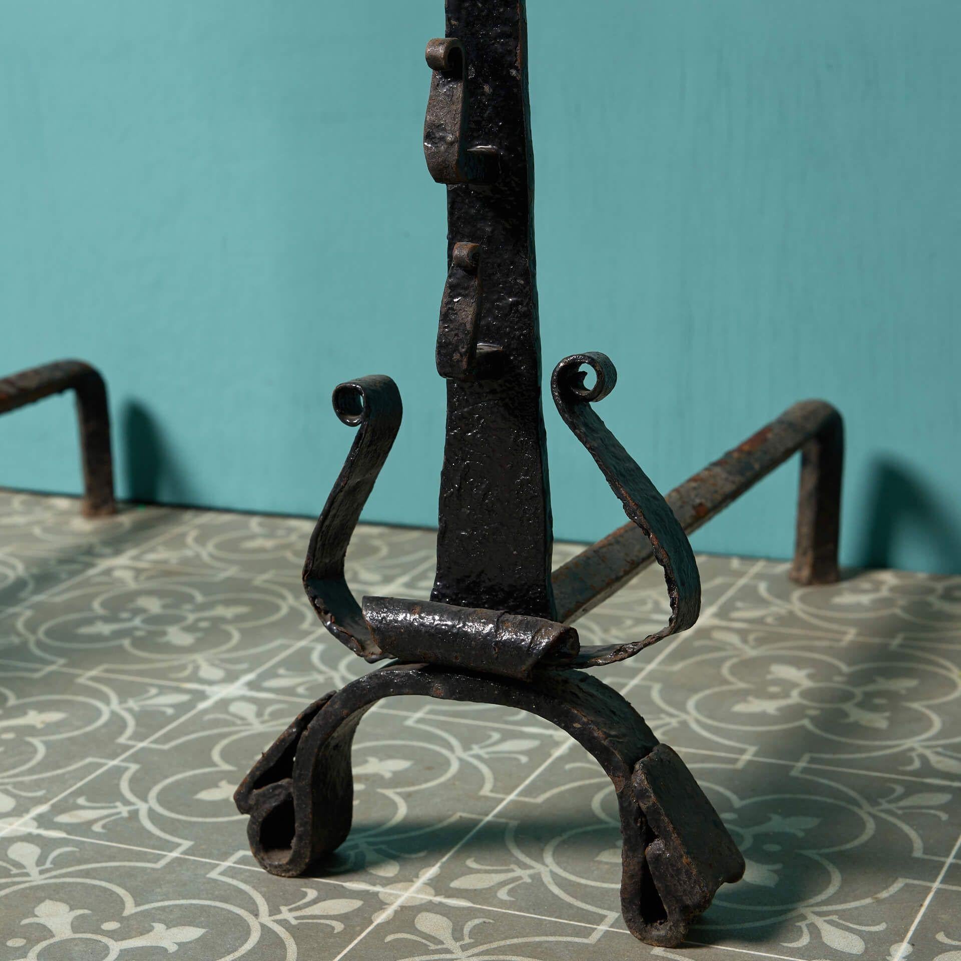 Hand-Crafted Pair of Reclaimed Georgian Style Wrought Iron Andirons For Sale