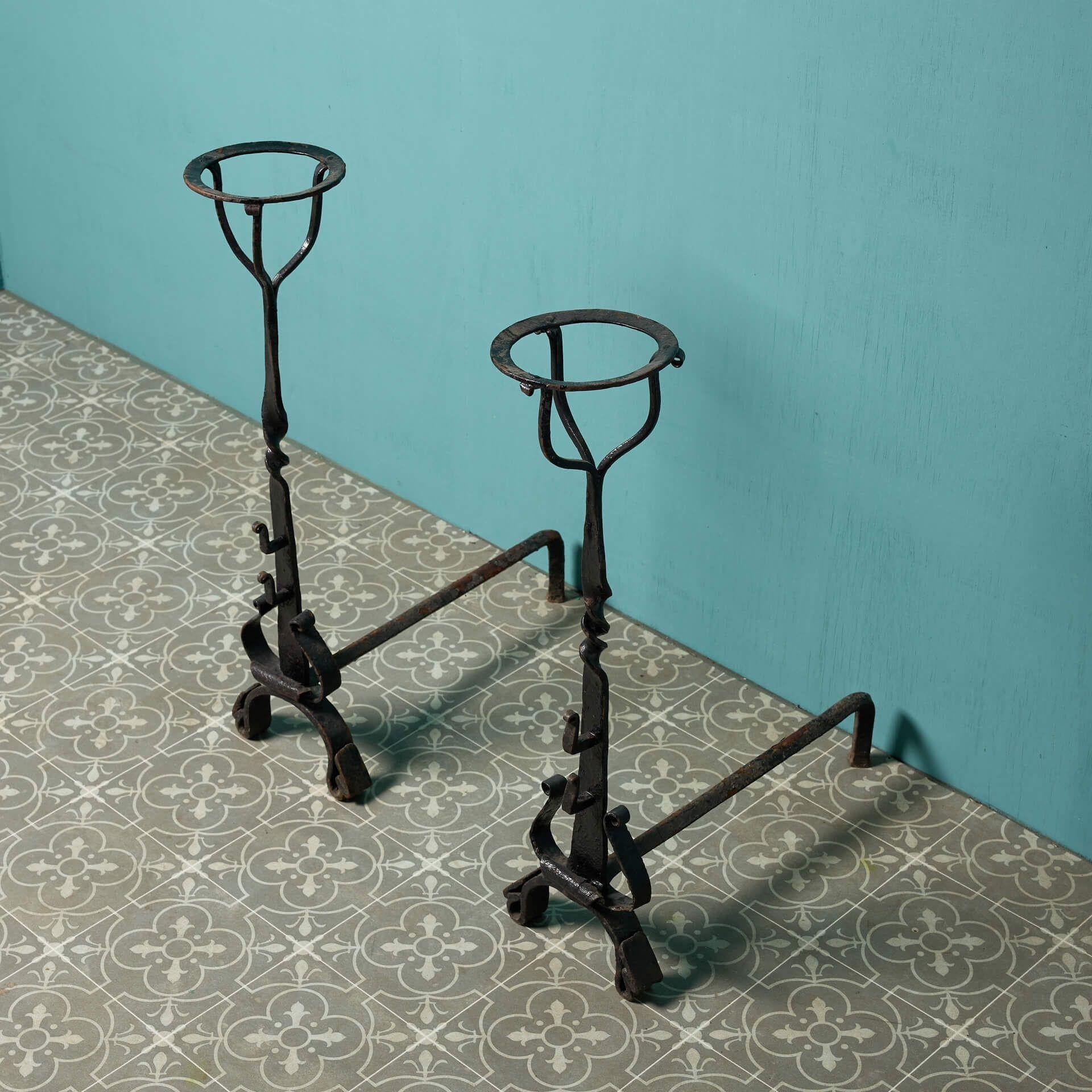 Pair of Reclaimed Georgian Style Wrought Iron Andirons In Fair Condition For Sale In Wormelow, Herefordshire
