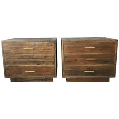 Pair of Reclaimed Oak Nightstands with Brass Detailing
