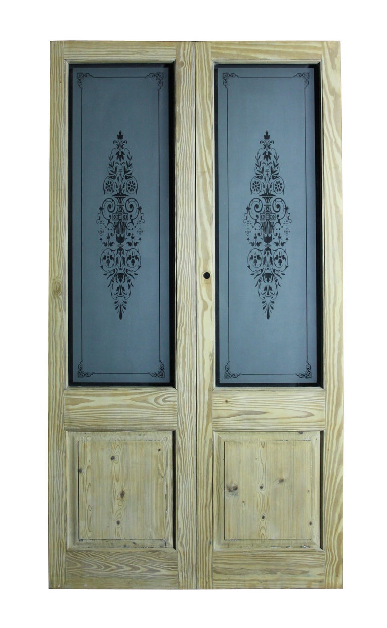 Pair Of Reclaimed Pine Double Doors With Etched Glass For Sale At