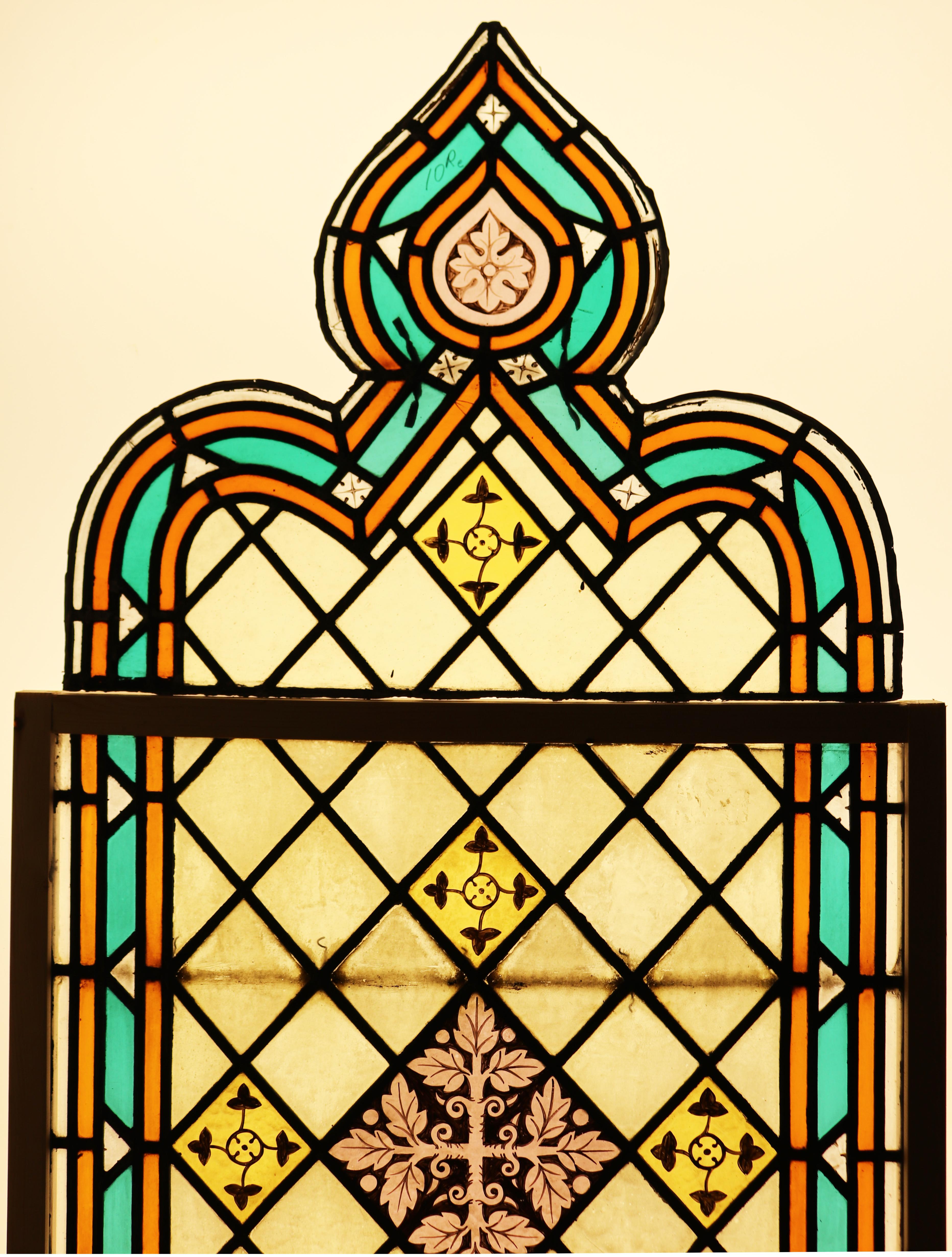 Two stained glass church windows consisting of six pieces, housed in temporary pine frames.

Additional Dimensions:

Each window 194 x 71 x 1 cm

Individual Heights:

70, 70, 54 cm.