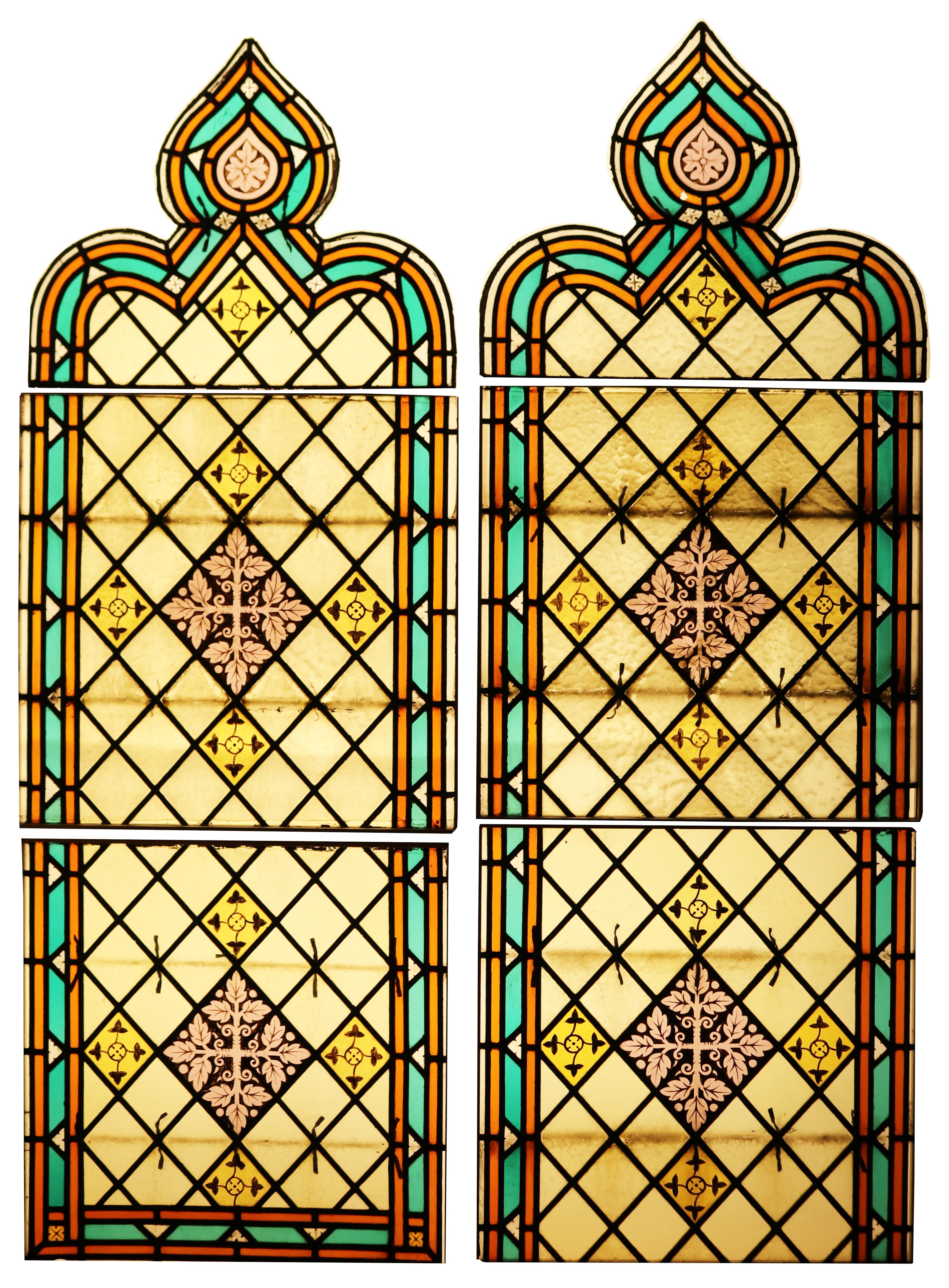 19th Century Pair of Reclaimed Stained Glass Lancet Windows