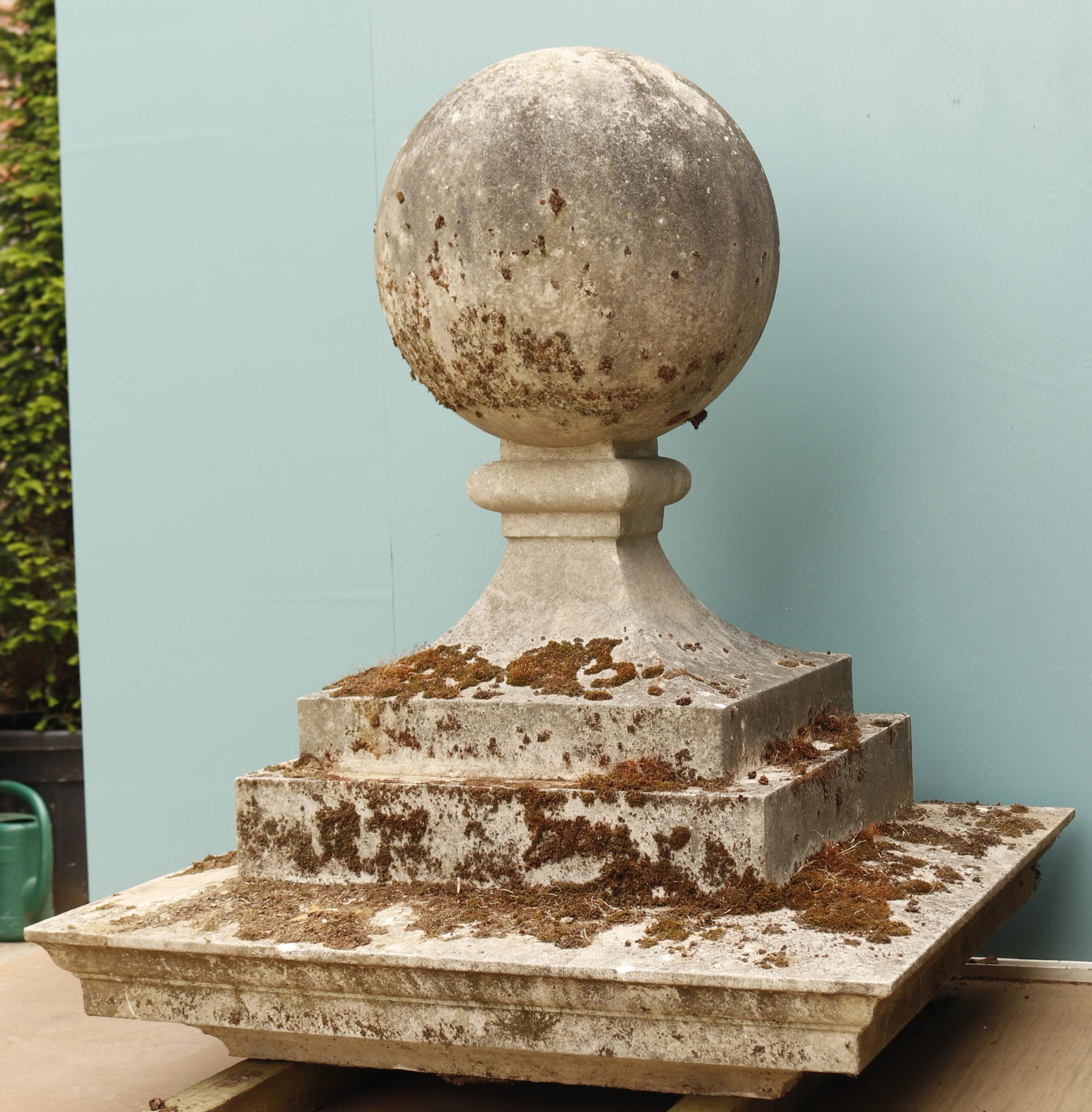 Two Reclaimed stone ball Pier caps. An impressive pair of Antique style Composition stone Ball pier caps.

These have a weathered appearance with moss, and would make a striking entrance to any property.

Additional dimensions

Pier base size