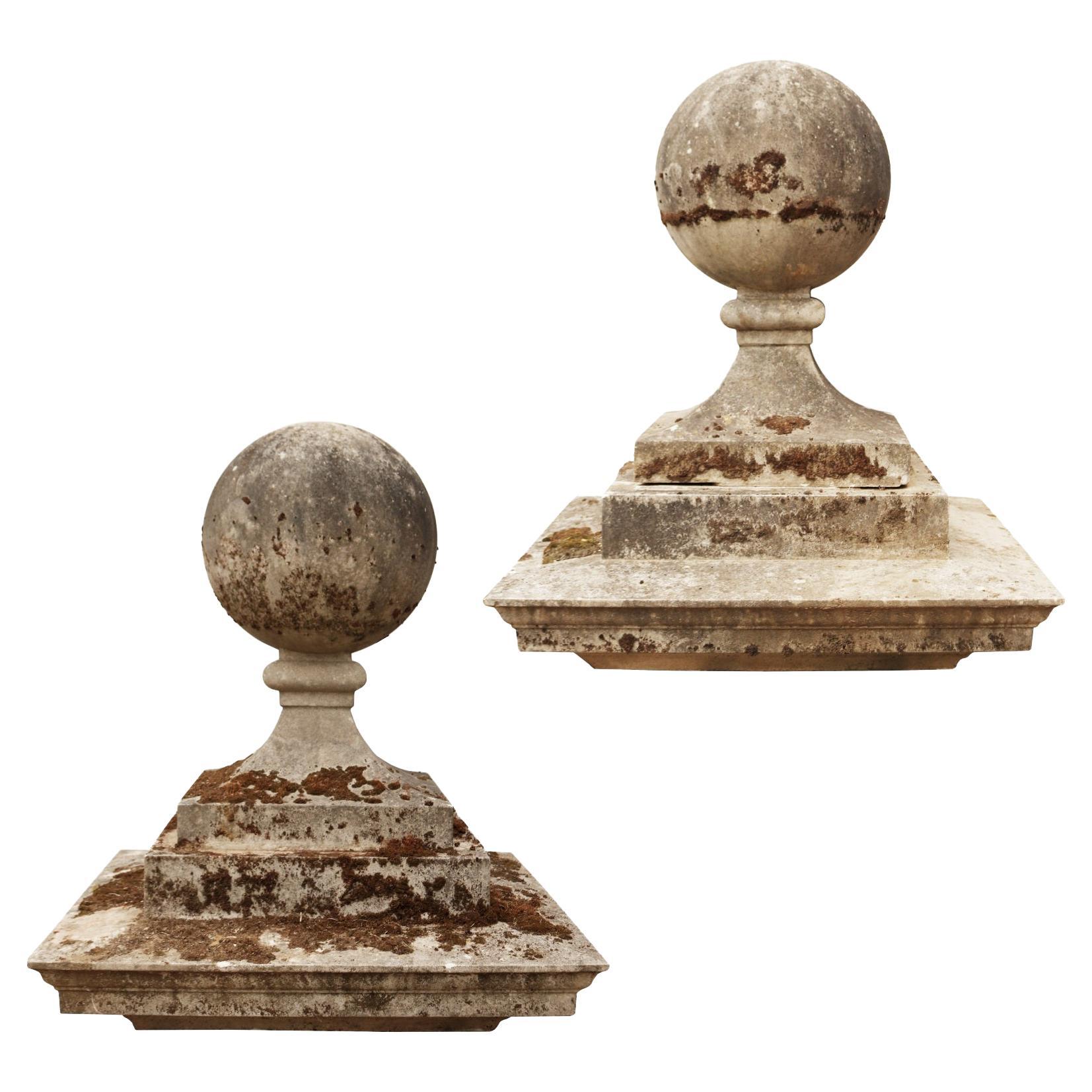 Pair of Reclaimed Stone Ball Pier Caps For Sale