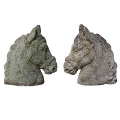 Vintage  Pair of Reclaimed Weathered Stone Horses Heads