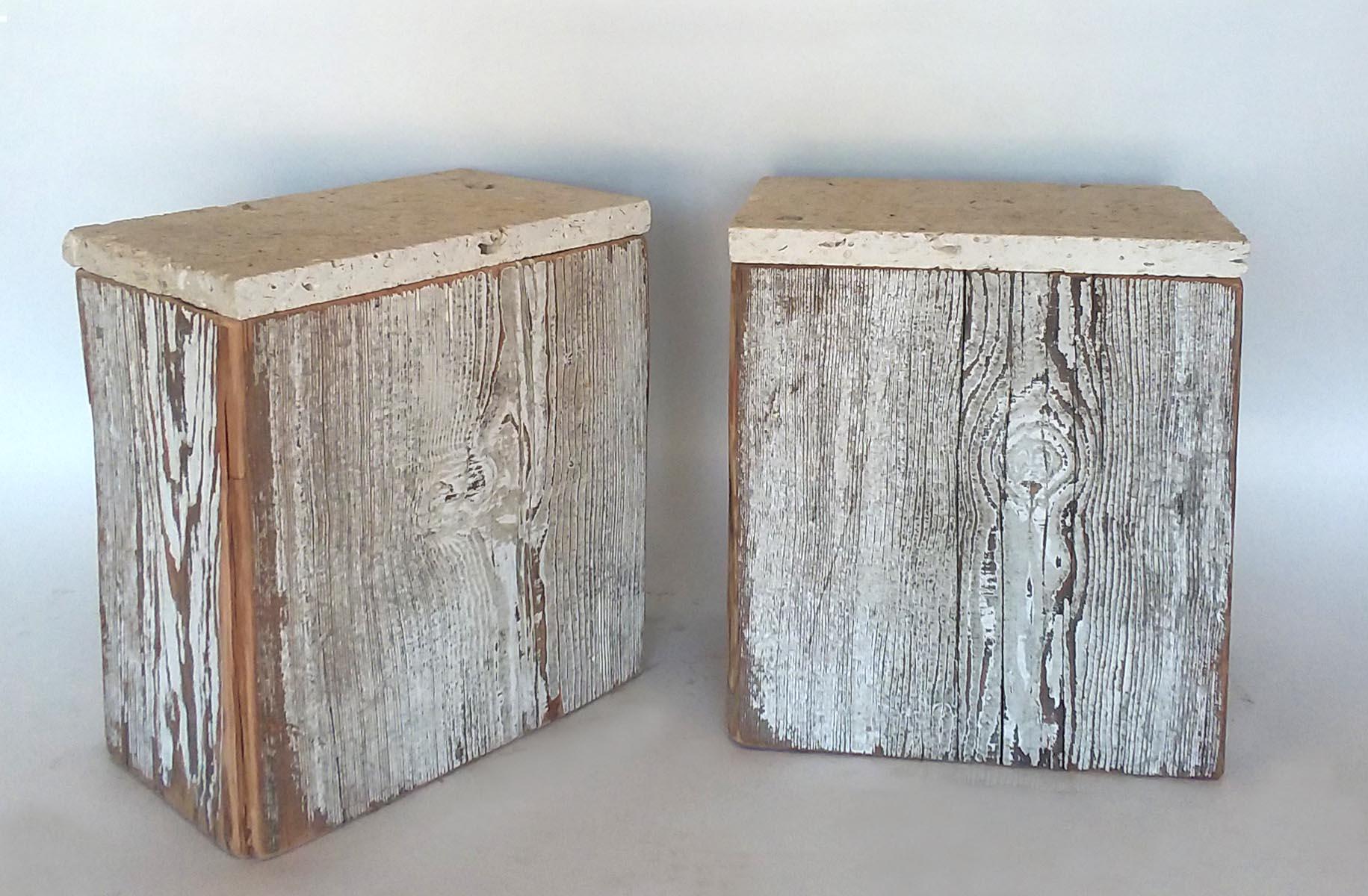 Pair of beautiful side tables made from reclaimed wood with traces of old white paint. The tops are Texas limestone. The interesting texture of the limestone features actual fossils and imprints of fossils. Newly cut stone tops. Surface is smooth