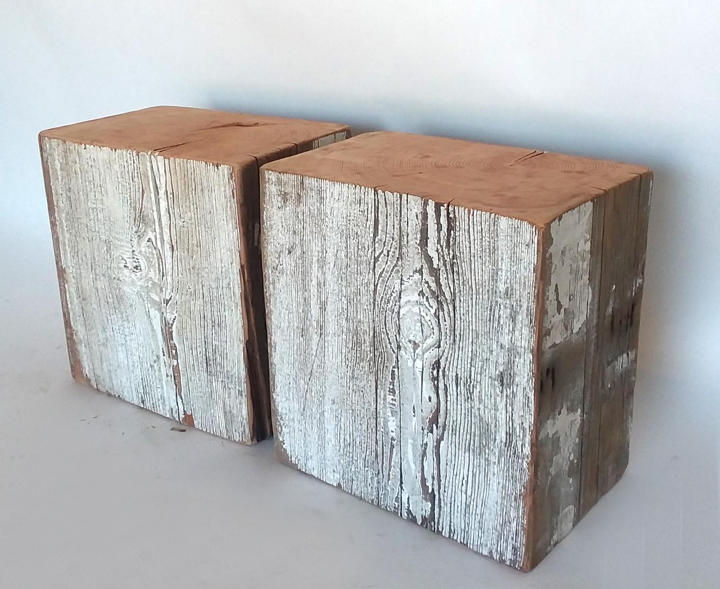 Organic Modern Pair of Reclaimed Wood Side Table with Limestone Tops