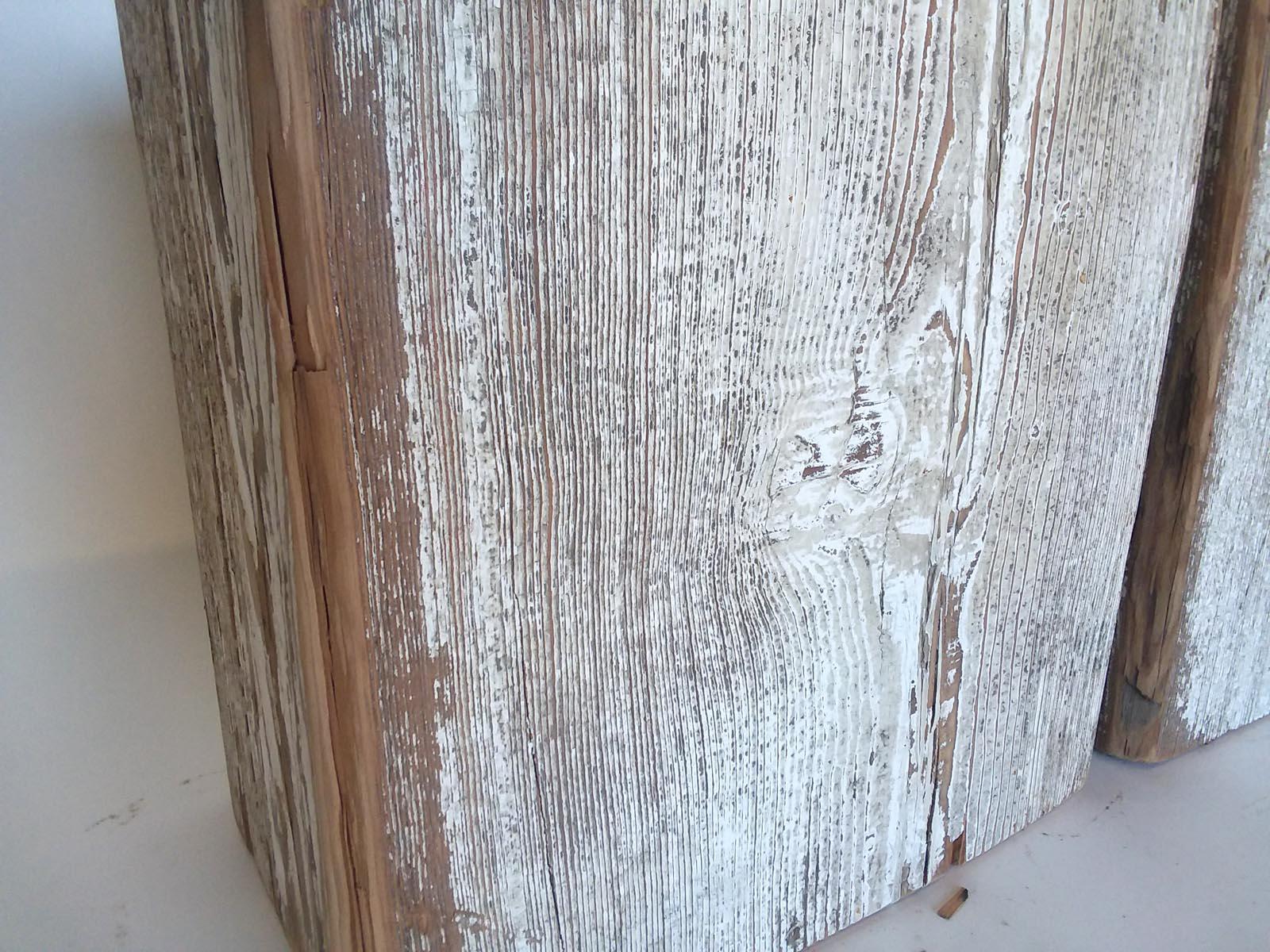 Pair of Reclaimed Wood Side Table with Limestone Tops In Fair Condition In Los Angeles, CA