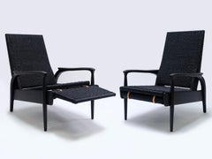 Paire de fauteuils inclinables, Oak noirci, corde danoise noire, coussins en cuir