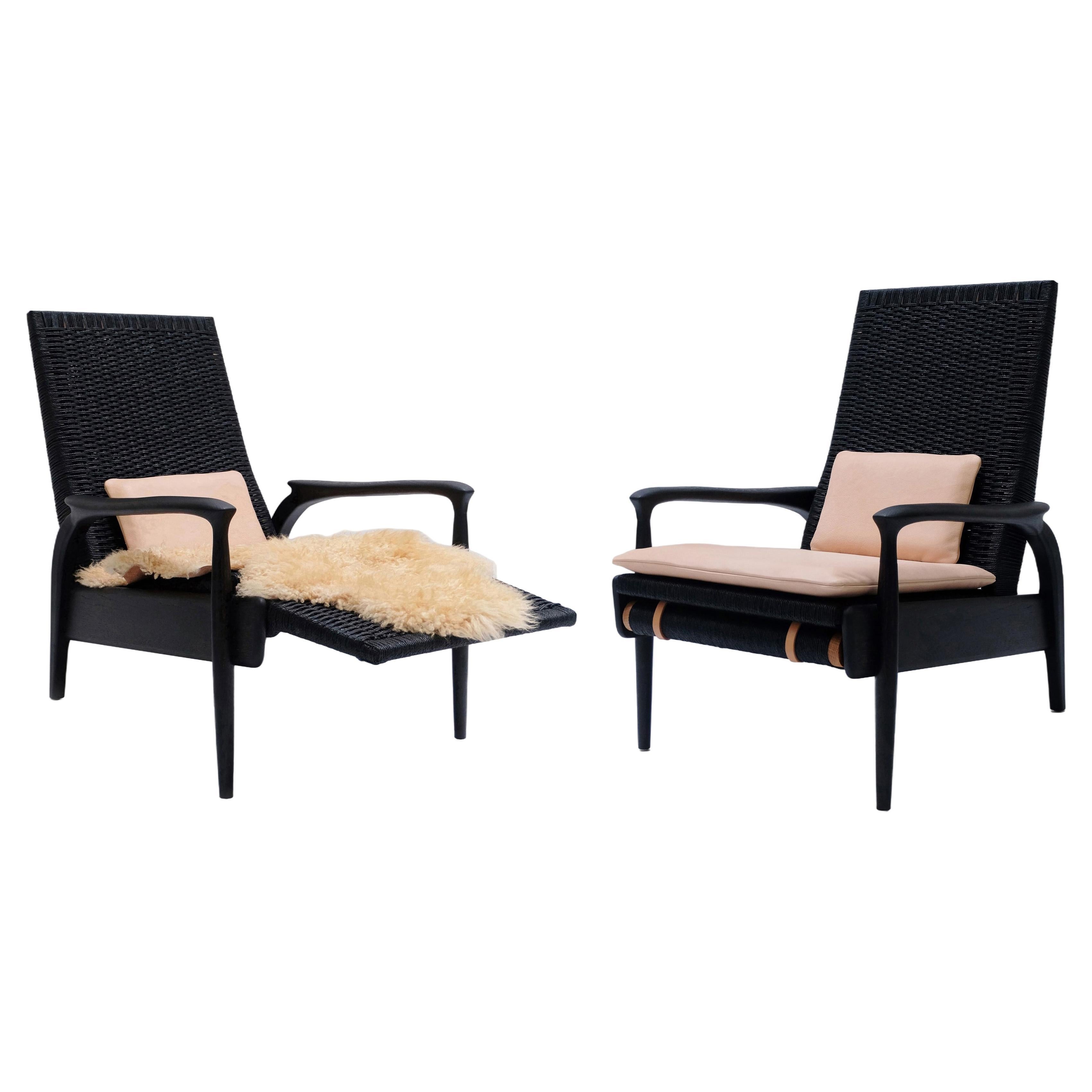 Pair of Reclining Armchairs, Blackened Oak, Black Danish Cord, Leather Cushions For Sale