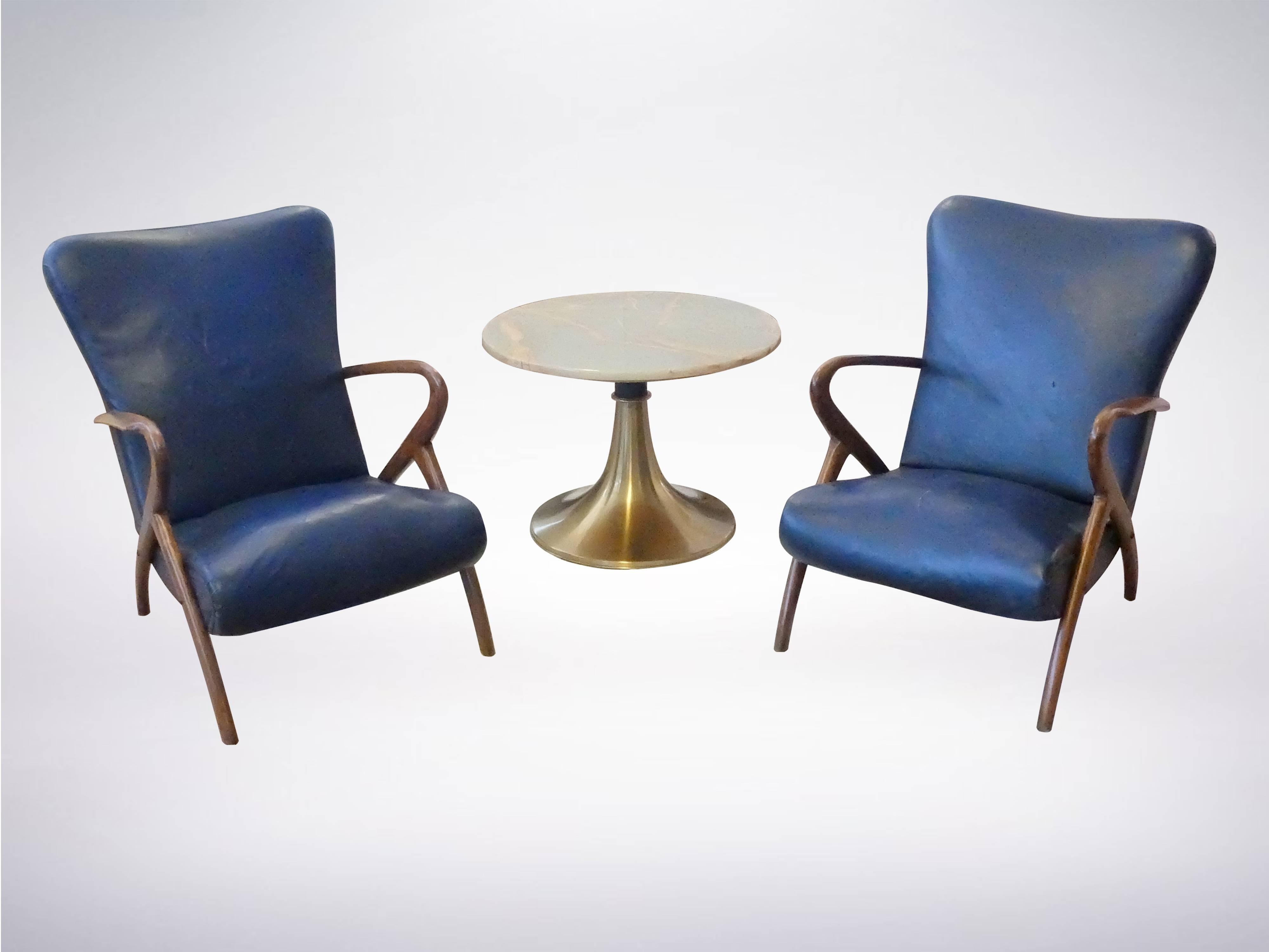 Guglielmo Ulrich , Pair of Italian Armchairs in Blue Leather and Wood, 1950s 3