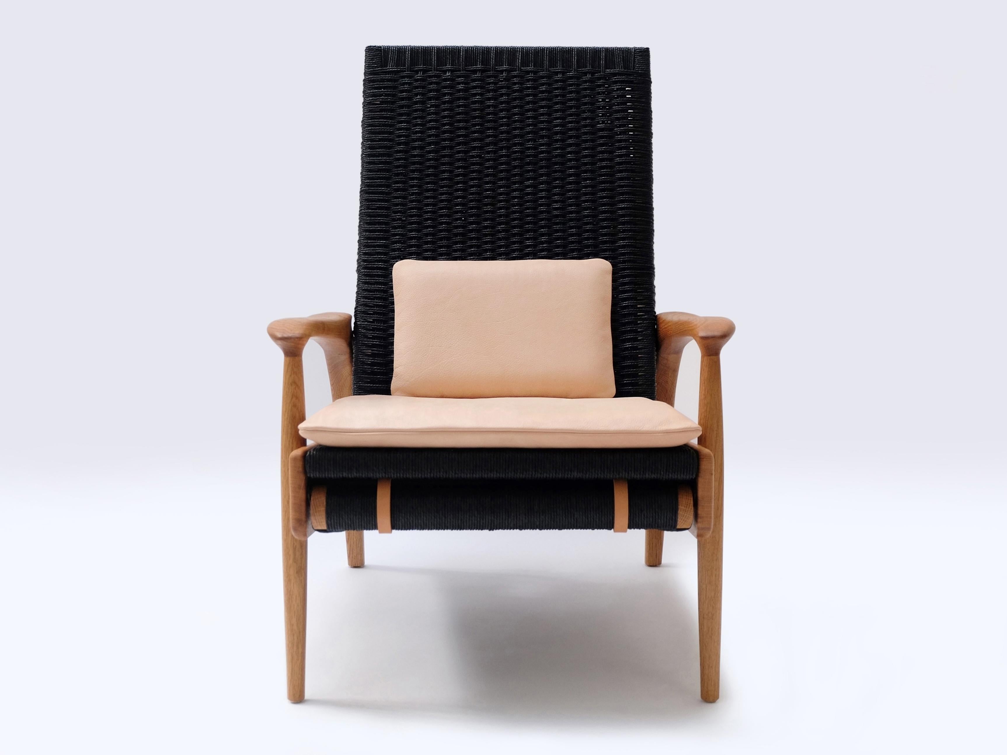 Paire de fauteuils inclinables, Oak Oak massif, corde danoise noire, coussins en cuir en vente 2