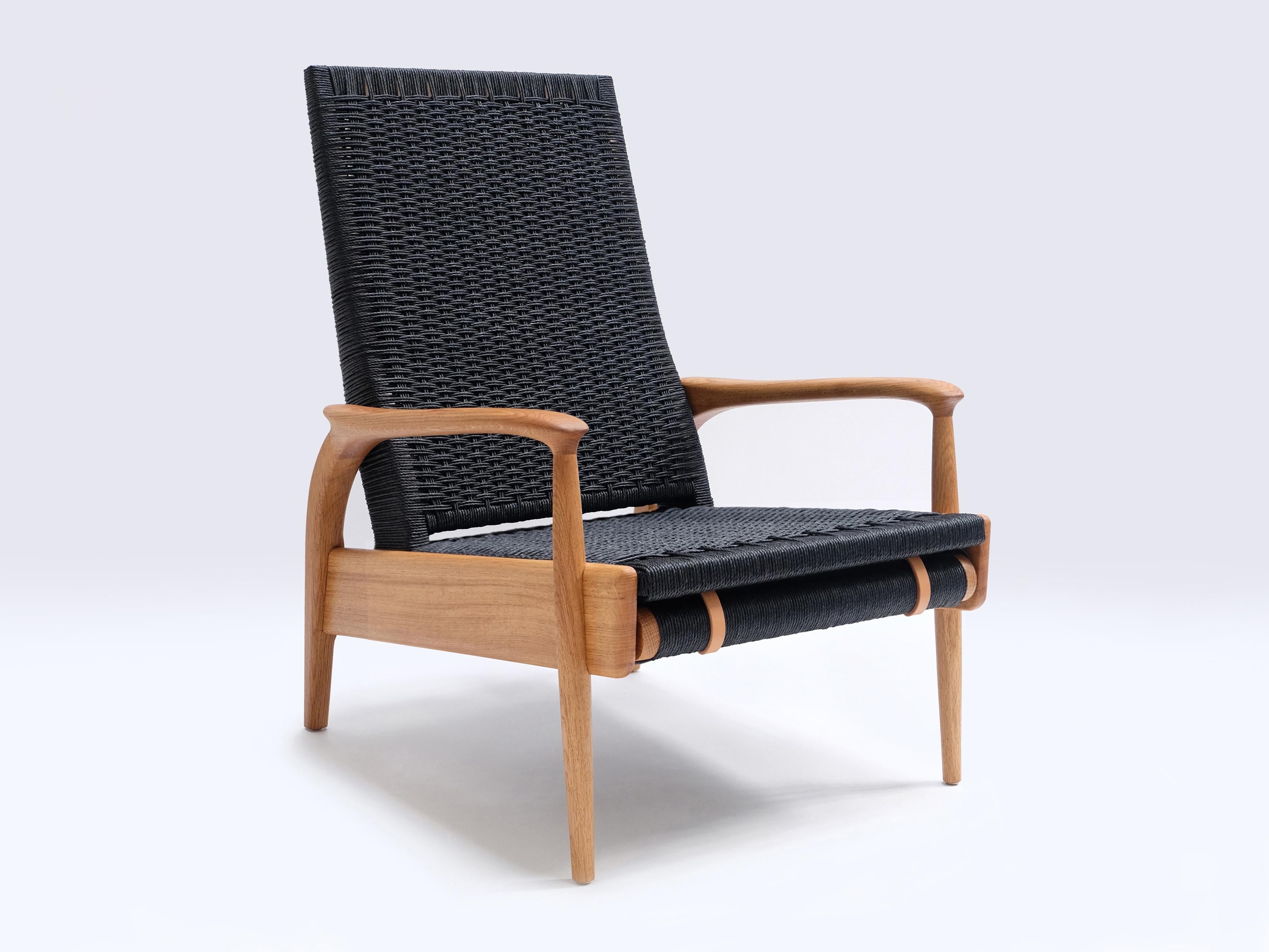 Paire de fauteuils inclinables, Oak Oak massif, corde danoise noire, coussins en cuir en vente 7