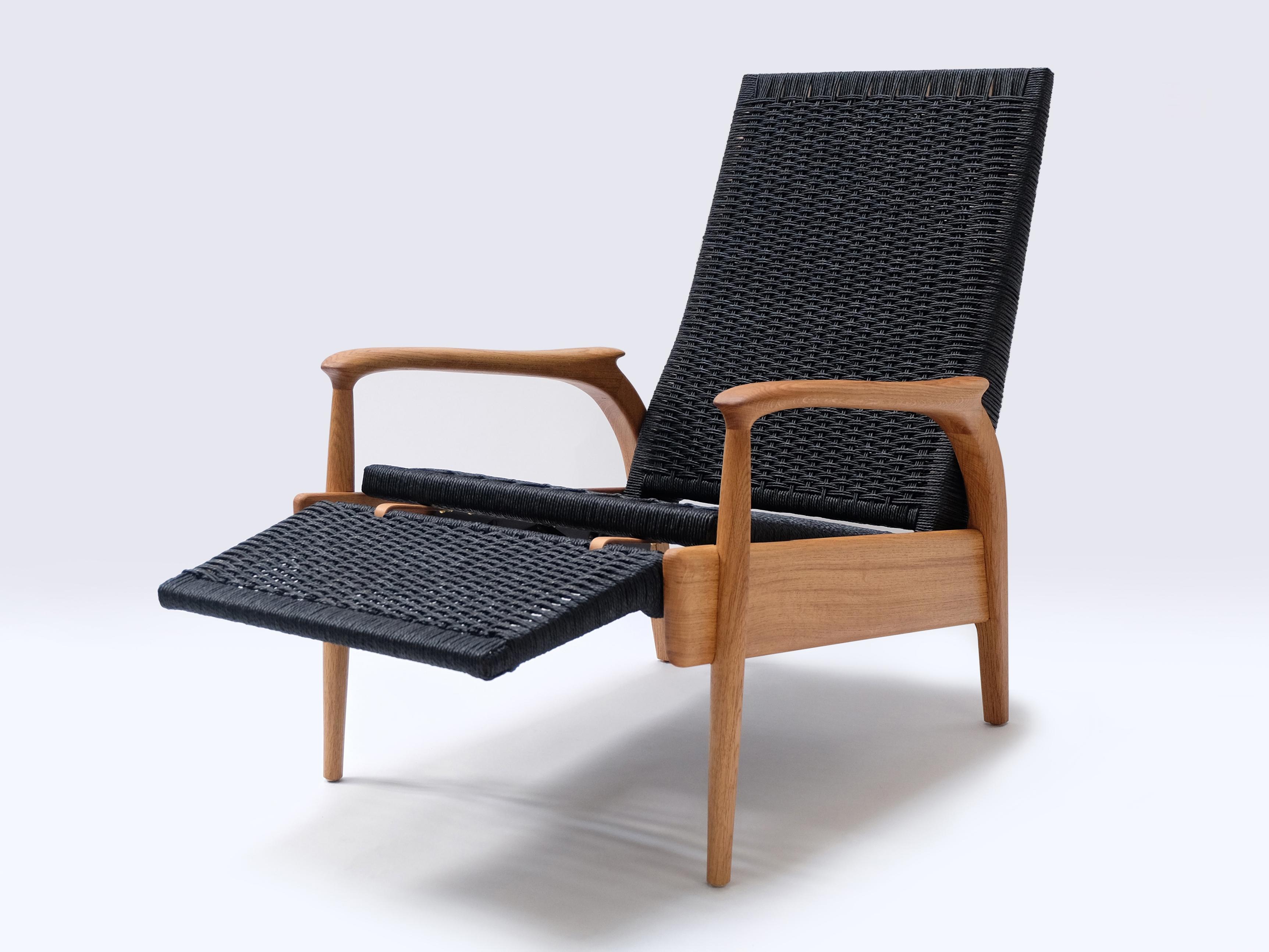Anglais Paire de fauteuils inclinables, Oak Oak massif, corde danoise noire, coussins en cuir en vente