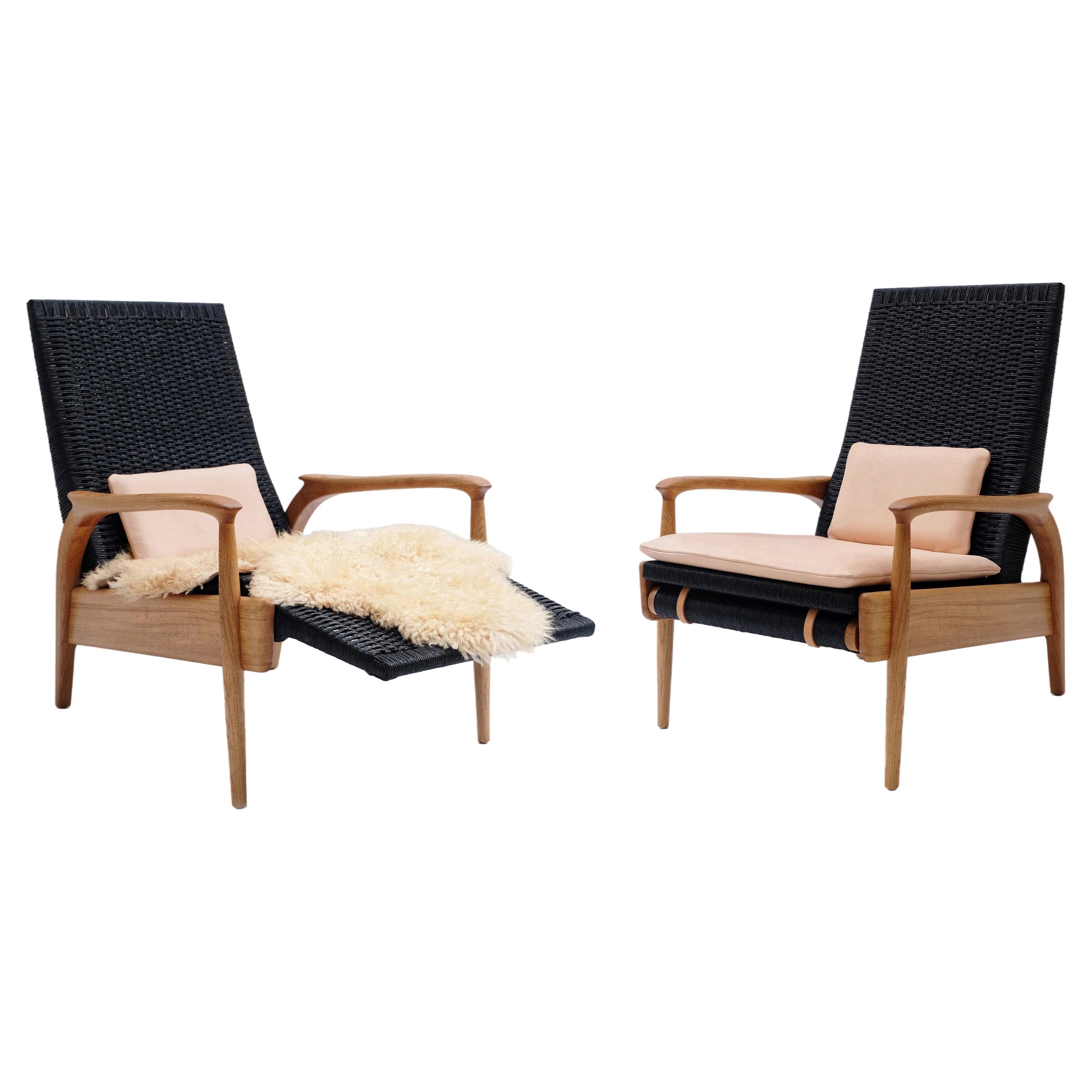 Pair of Reclining Armchairs, Solid Oak, Black Danish Cord, Leather Cushions