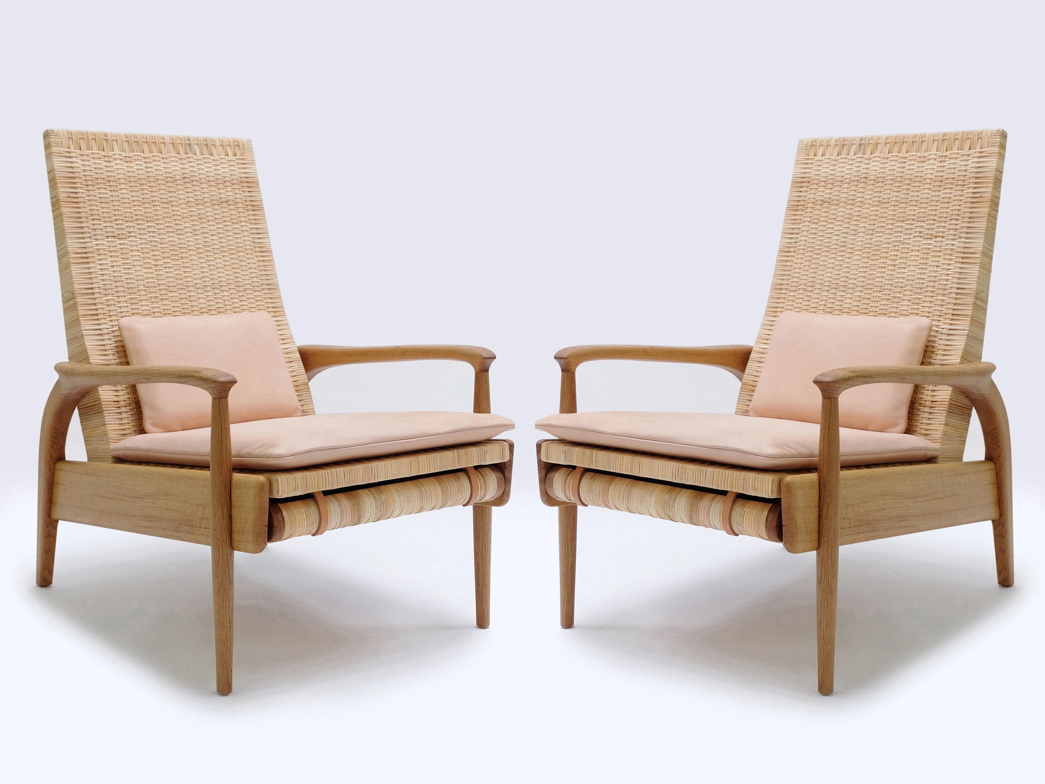Pair of Reclining Armchairs, Solid Oak, Handwoven Natural Cane, Leather Cushions For Sale 6