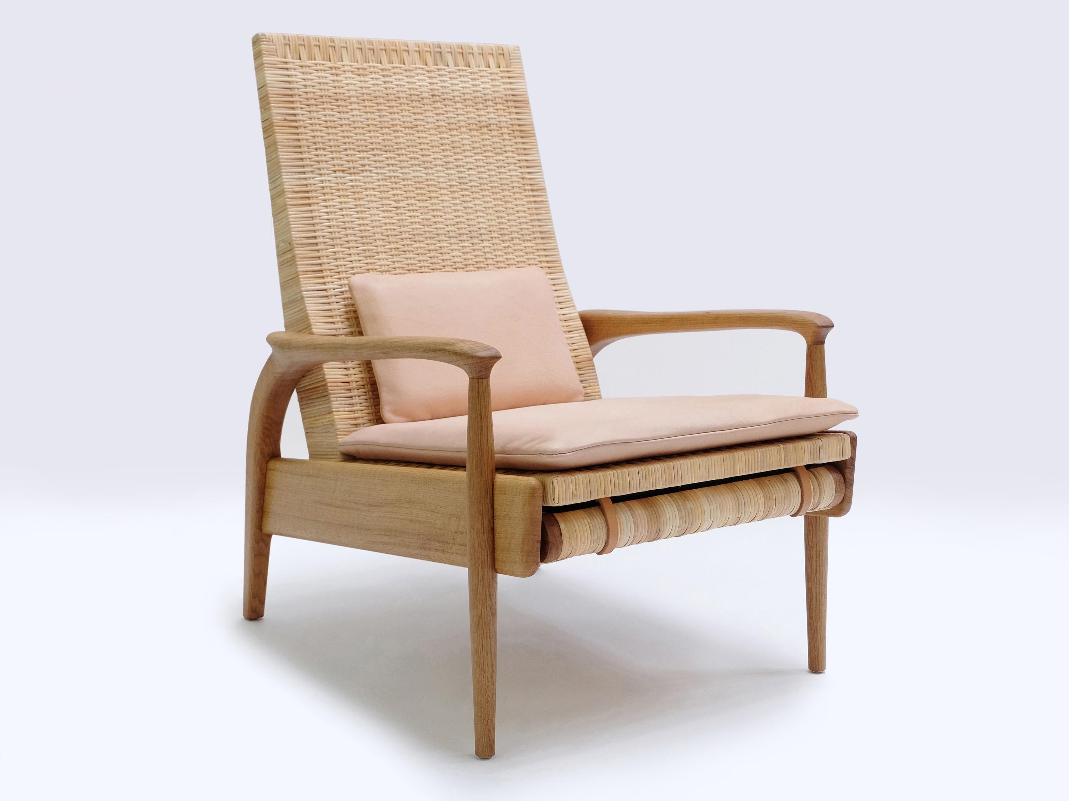 Pair of Reclining Armchairs, Solid Oak, Handwoven Natural Cane, Leather Cushions For Sale 8