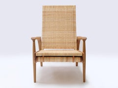 Pair of Reclining Armchairs, Solid Oak, Handwoven Natural Cane, Leather Cushions