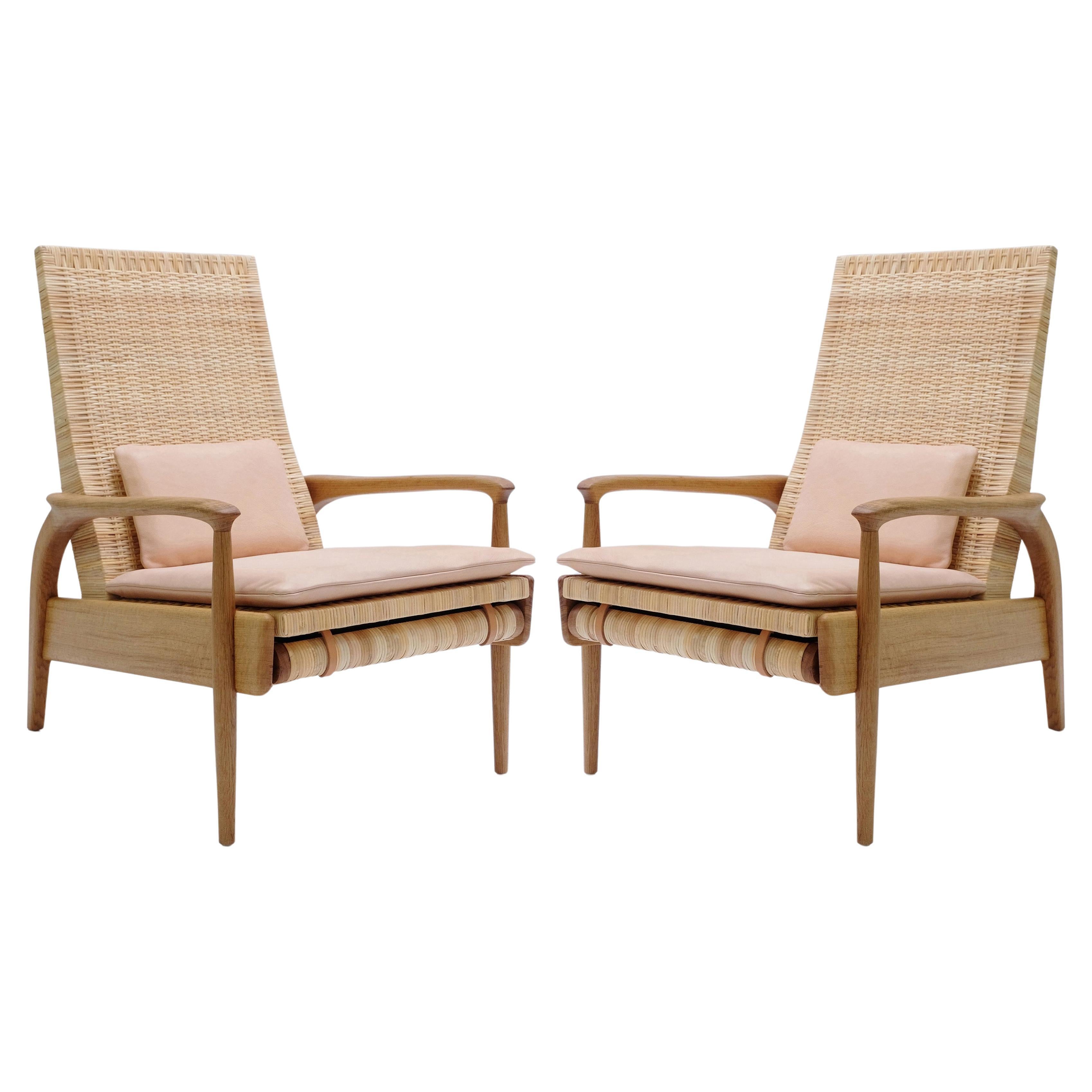 Pair of Reclining Armchairs, Solid Oak, Handwoven Natural Cane, Leather Cushions For Sale