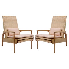 Pair of Reclining Armchairs, Solid Oak, Handwoven Natural Cane, Leather Cushions
