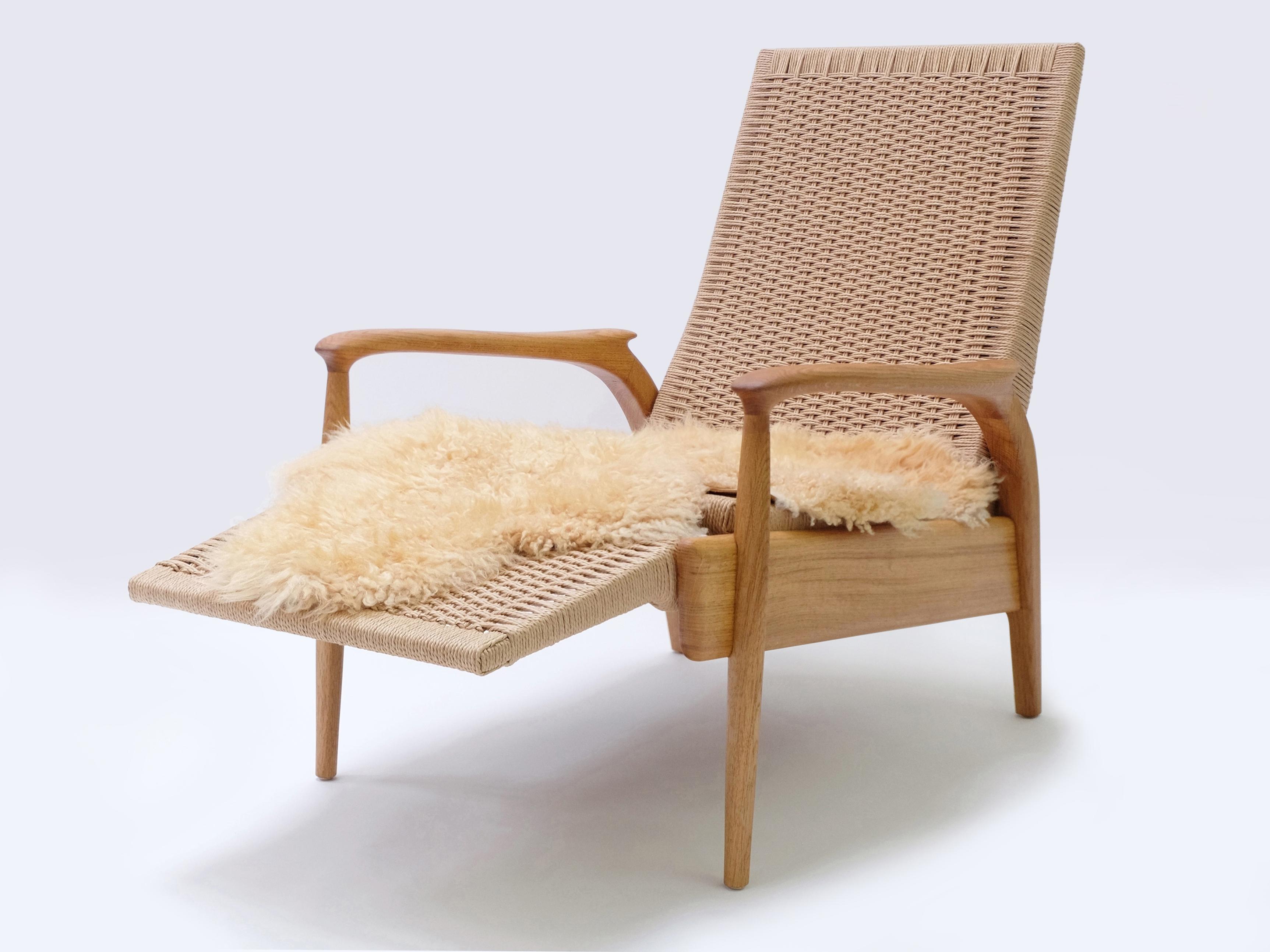 Paire de fauteuils inclinables en chêne massif, cordon danois naturel, coussins en cuir en vente 5