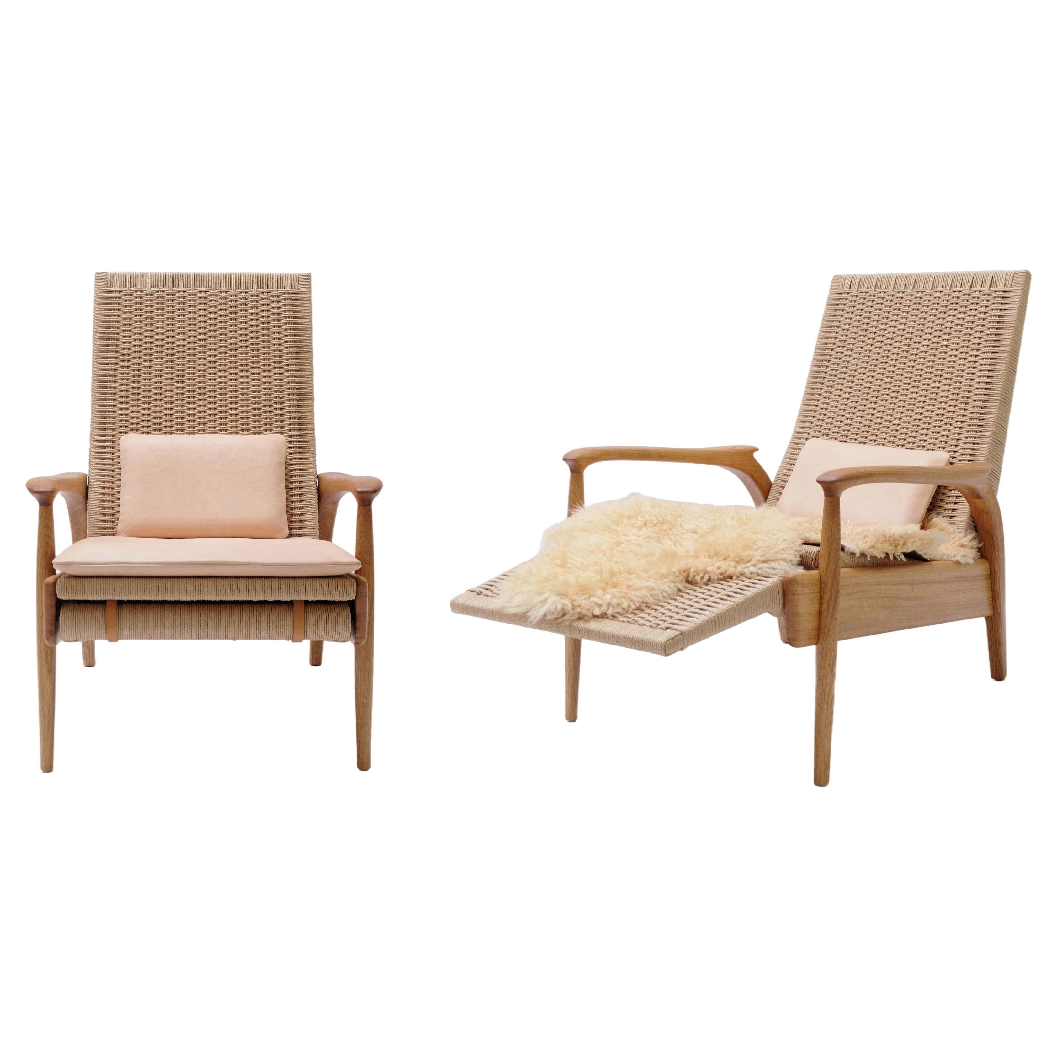Paire de fauteuils inclinables en chêne massif, cordon danois naturel, coussins en cuir en vente
