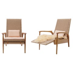 Paire de fauteuils inclinables en chêne massif, cordon danois naturel, coussins en cuir
