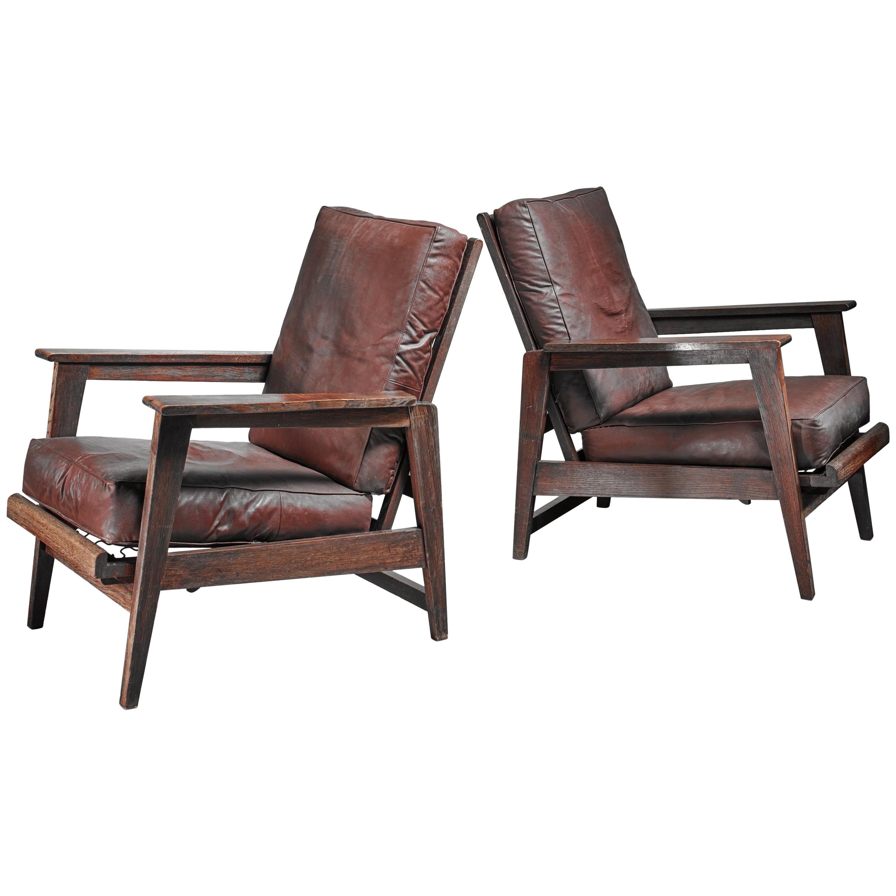 Pair of Reclining Armchairs with Dark Brown Seats, France For Sale at