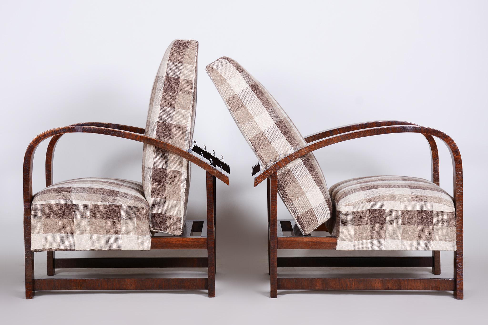 Mid-20th Century Pair of Reclining Art Deco Armchairs Made in the 1930s, Fully Refurbished Oak