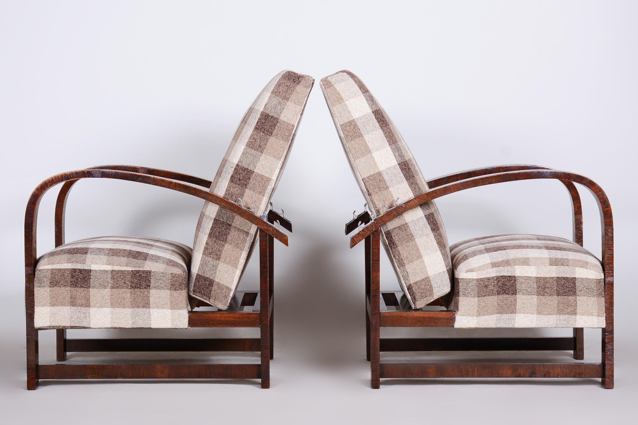Wood Pair of Reclining Art Deco Armchairs Made in the 1930s, Fully Refurbished Oak