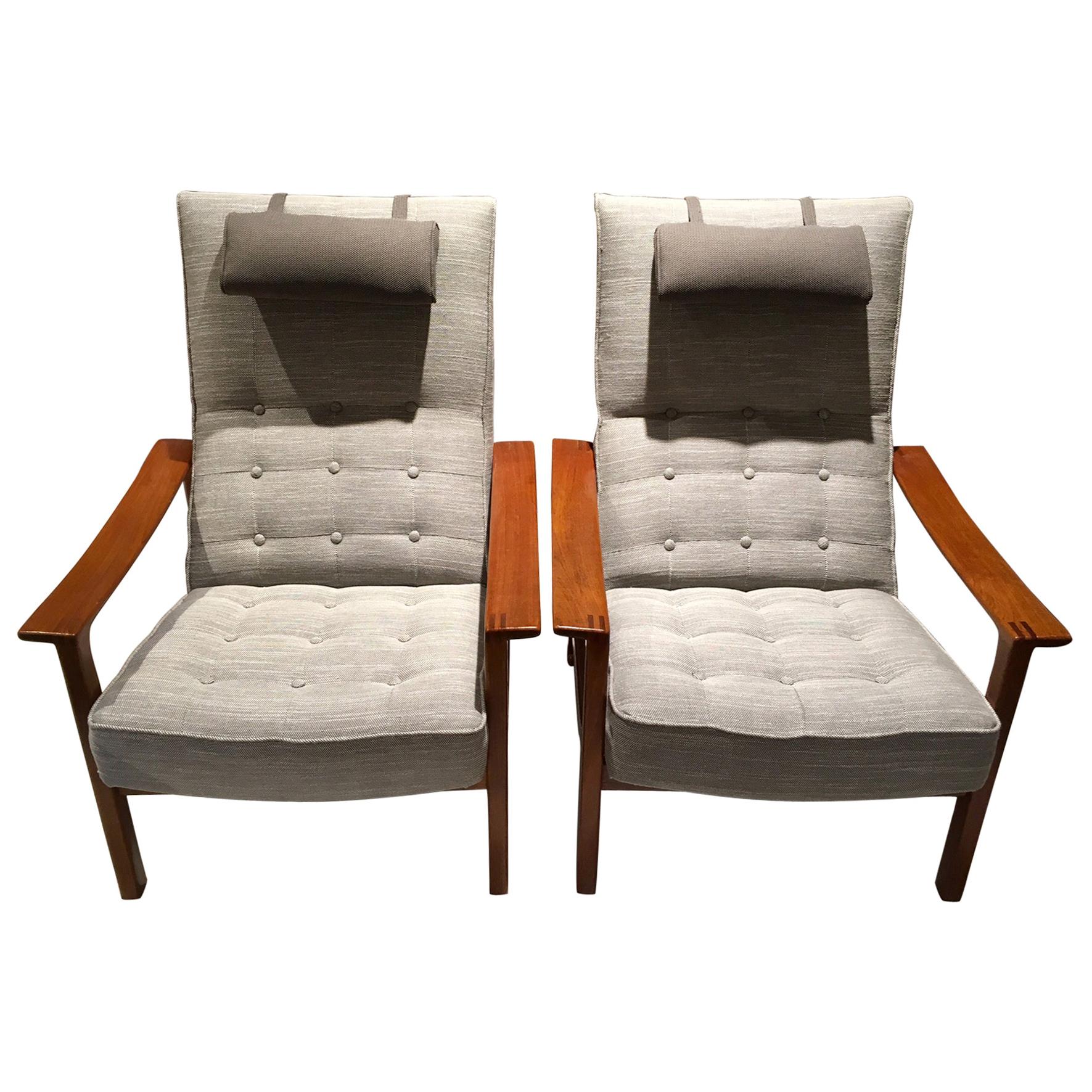 Pair of Reclining Back Armchairs with Teak Frame