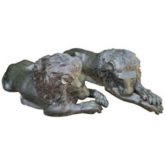 Vintage Pair of Reclining Bronze Garden Lions
