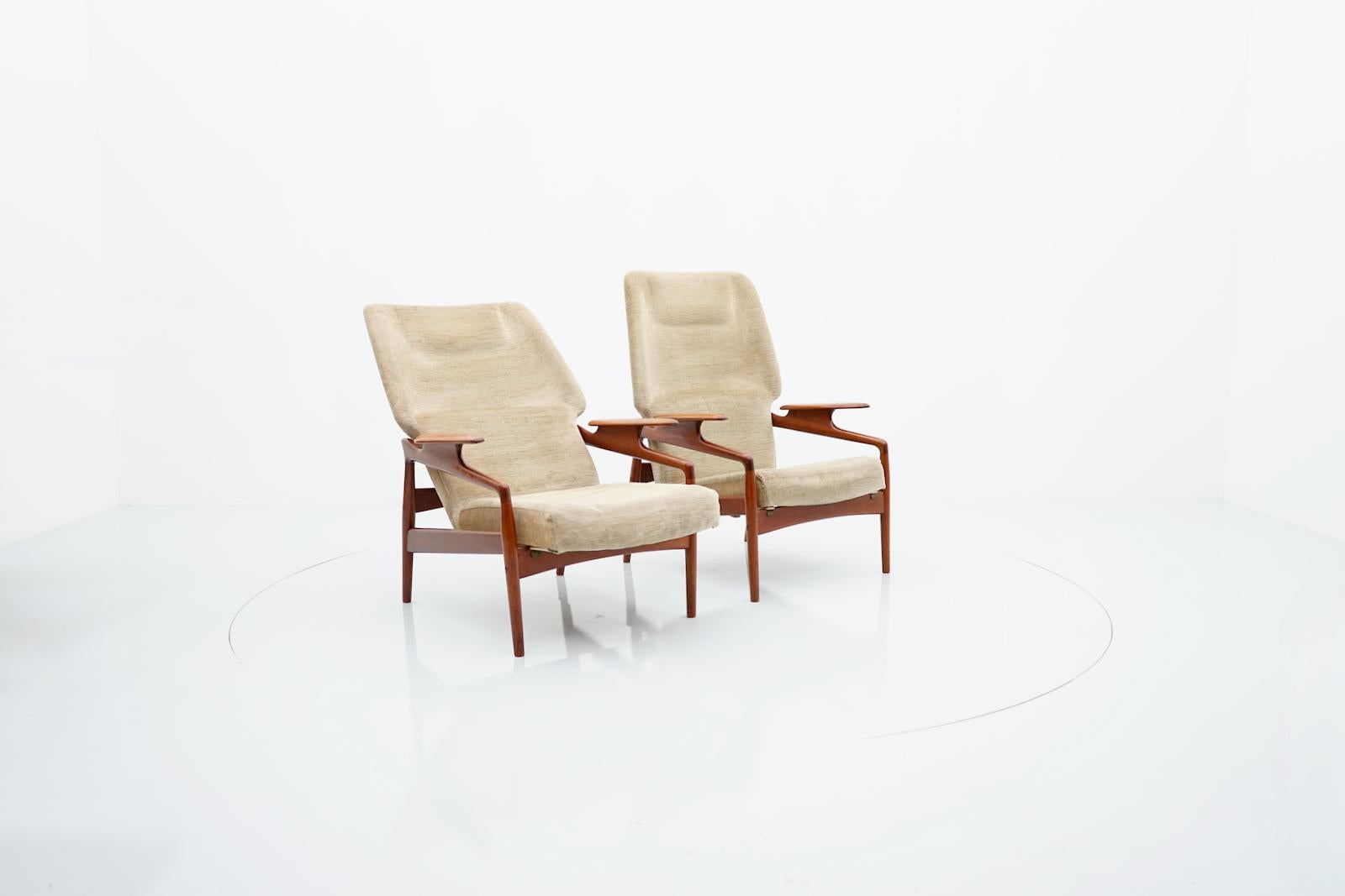 Fabric Pair of Danish Teak Lounge Chairs by John Boné, 1960s