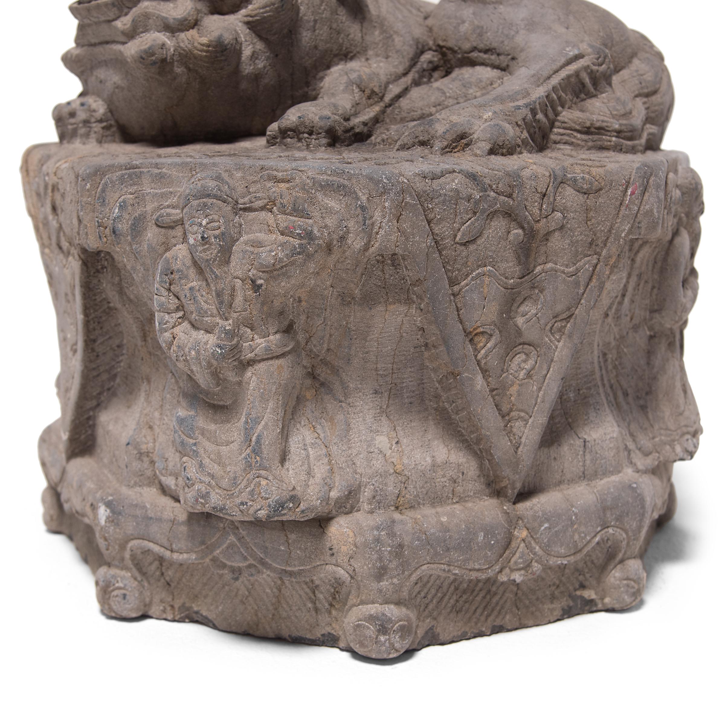 Pair of Reclining Stone Fu Dogs 8