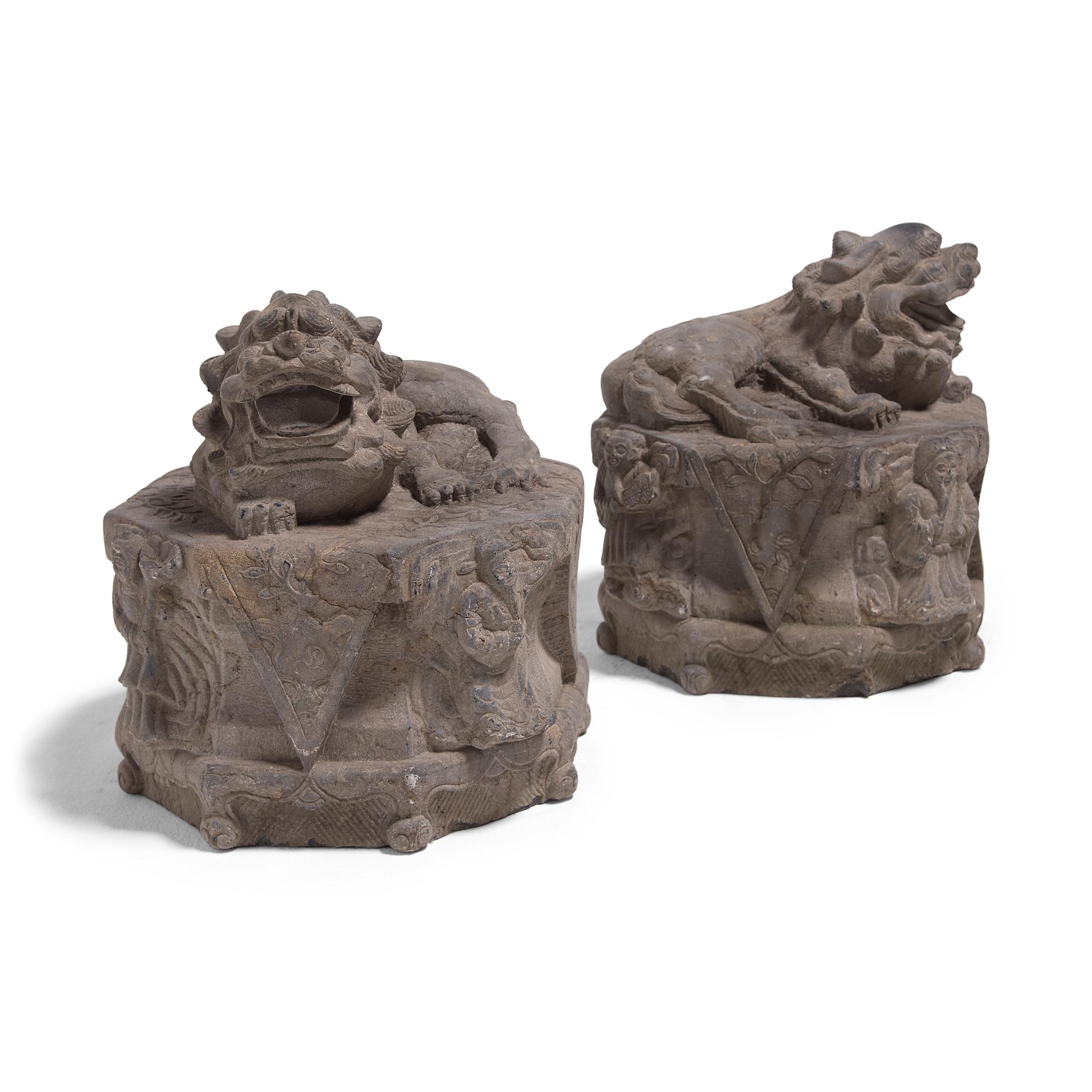 Qing Pair of Reclining Stone Fu Dogs