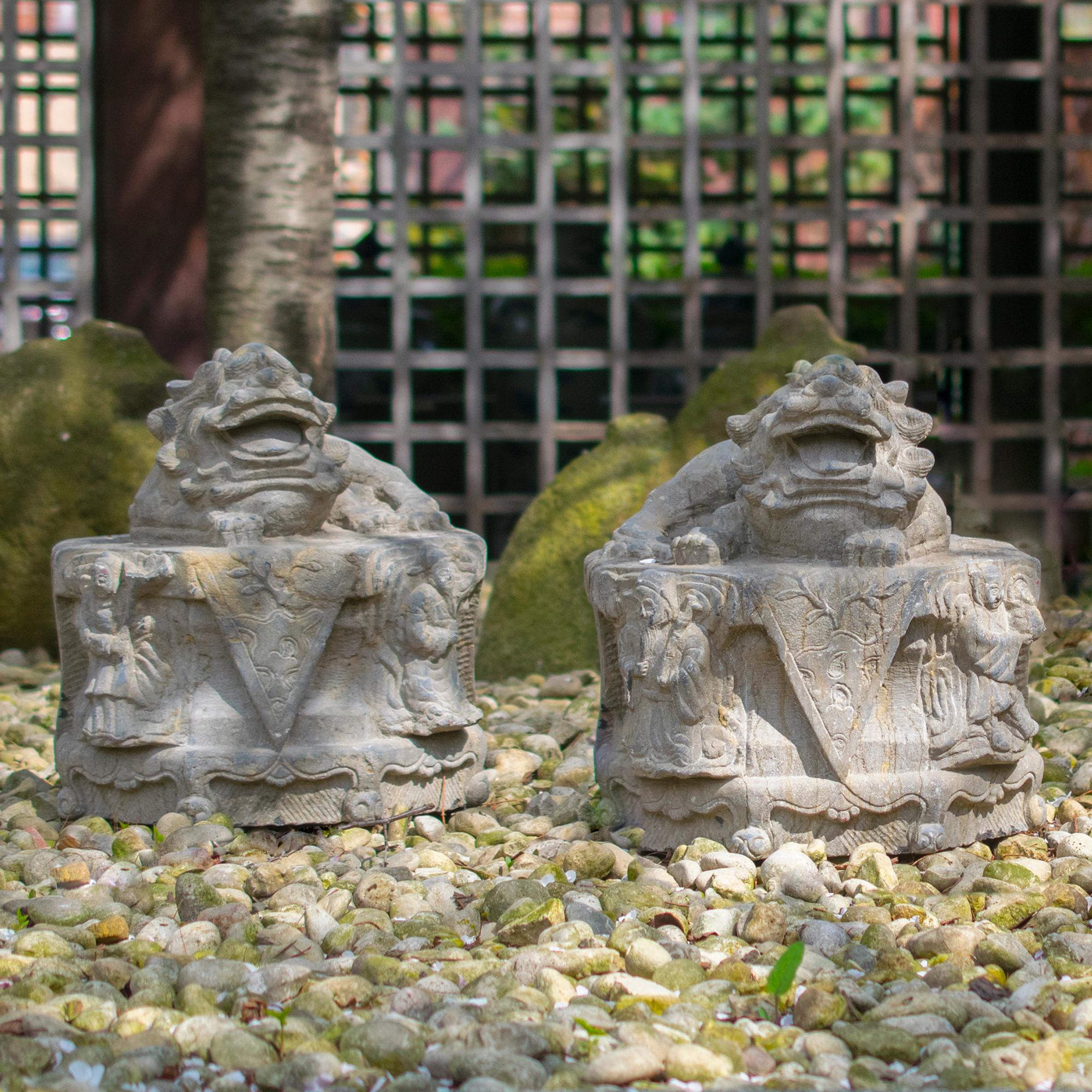 Chinese Pair of Reclining Stone Fu Dogs